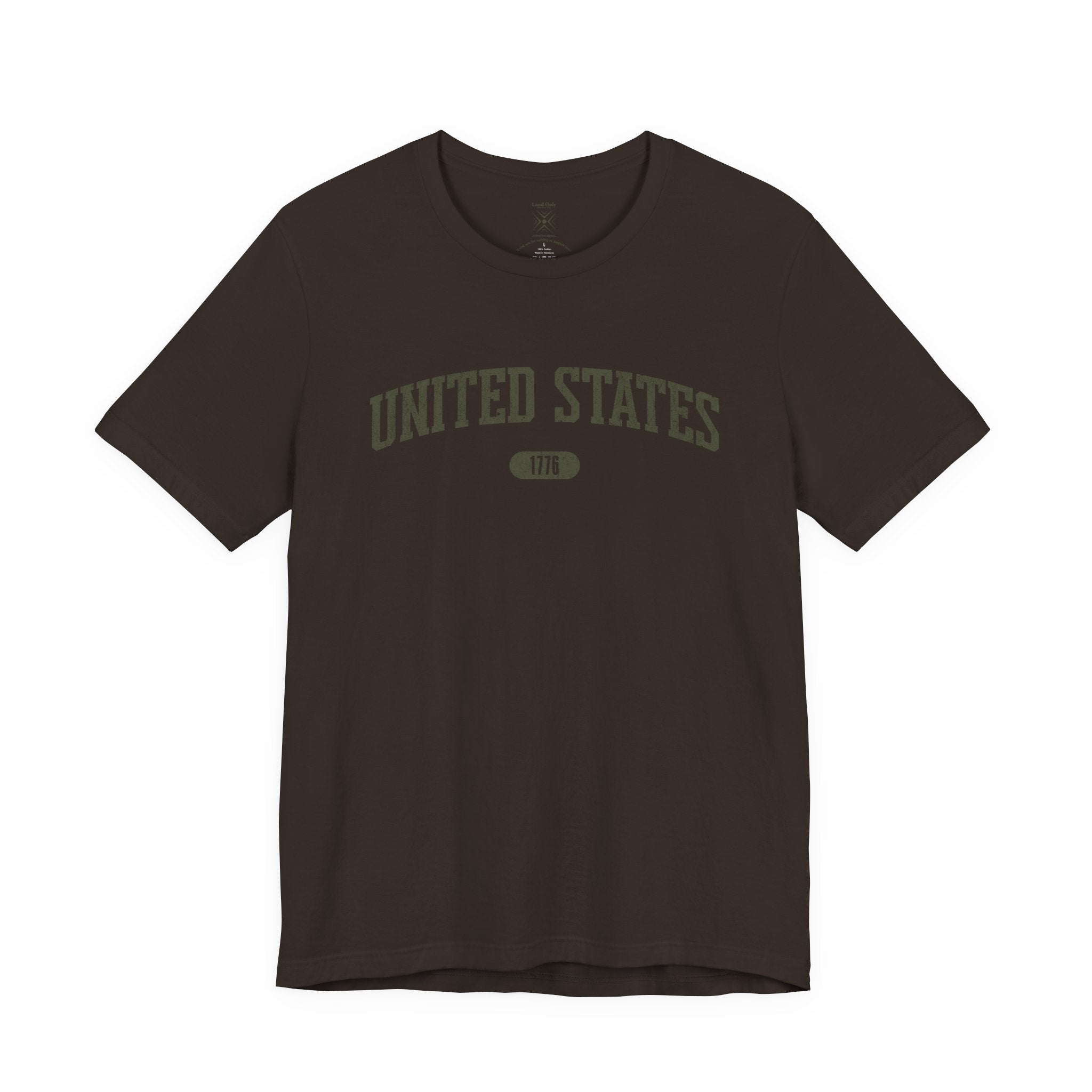 Brown t-shirt with 'UNITED STATES 1776' in olive green collegiate text.