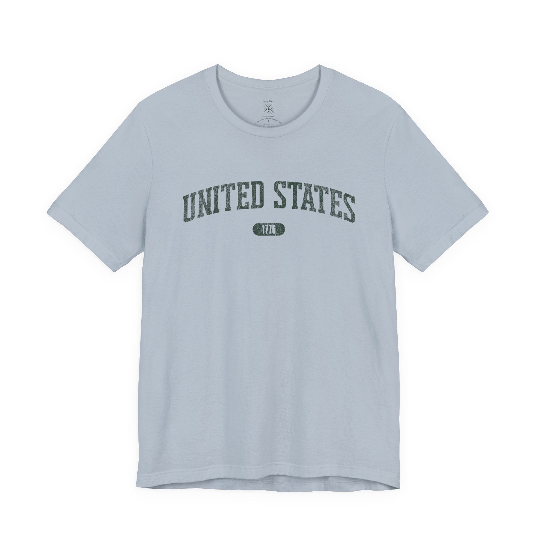 Light Blue t-shirt with 'UNITED STATES 1776' in forest green collegiate text.