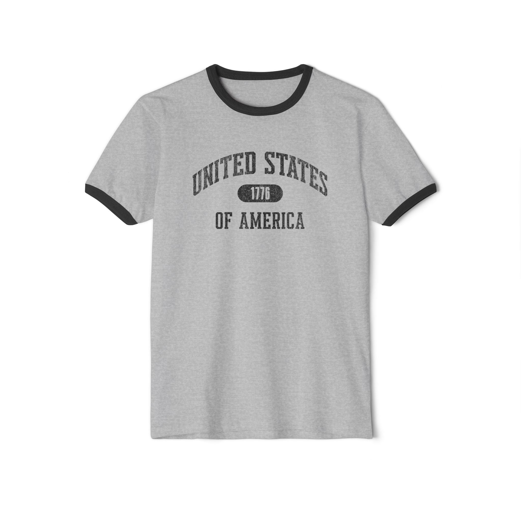 United States of America 1776 Vintage Collegiate Ringer Tee – Black Graphic – Neutrals with Black Trim