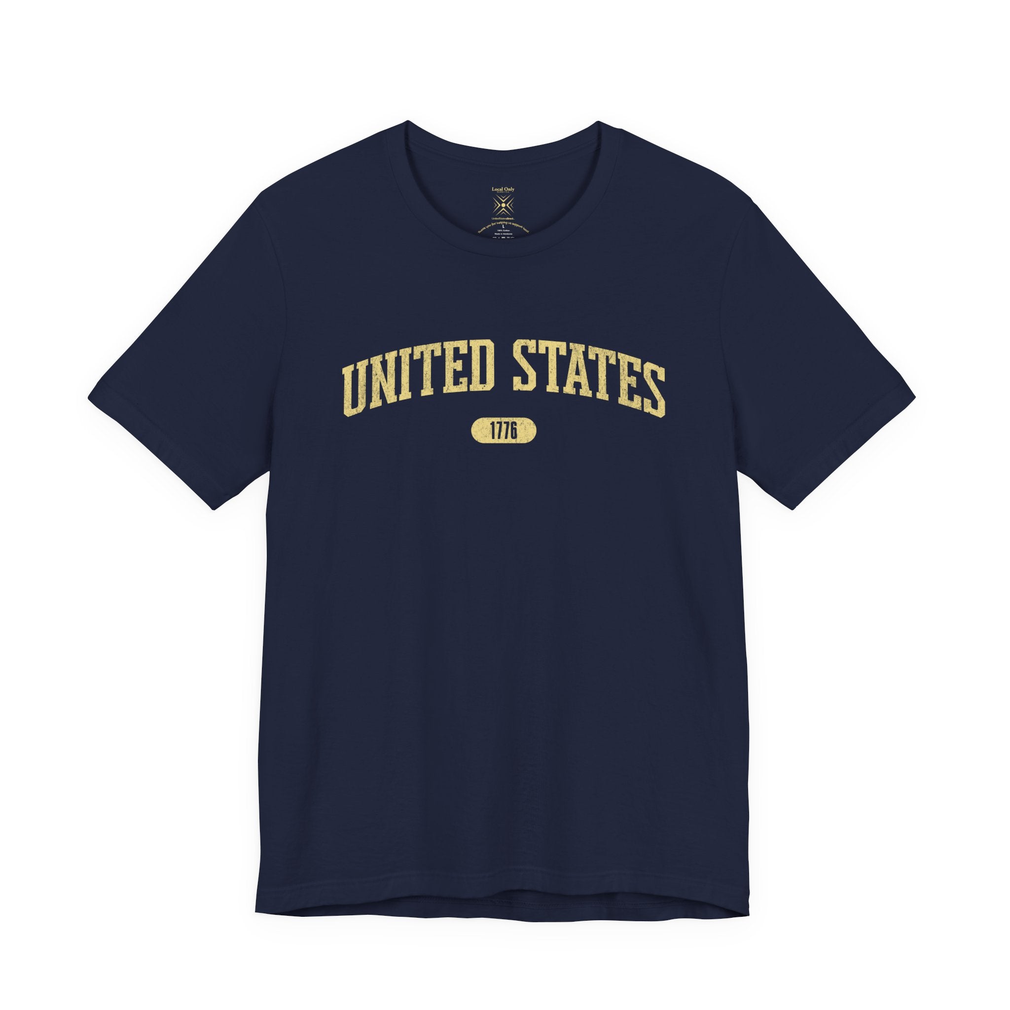 Navy t-shirt with 'UNITED STATES 1776' in yellow collegiate text.