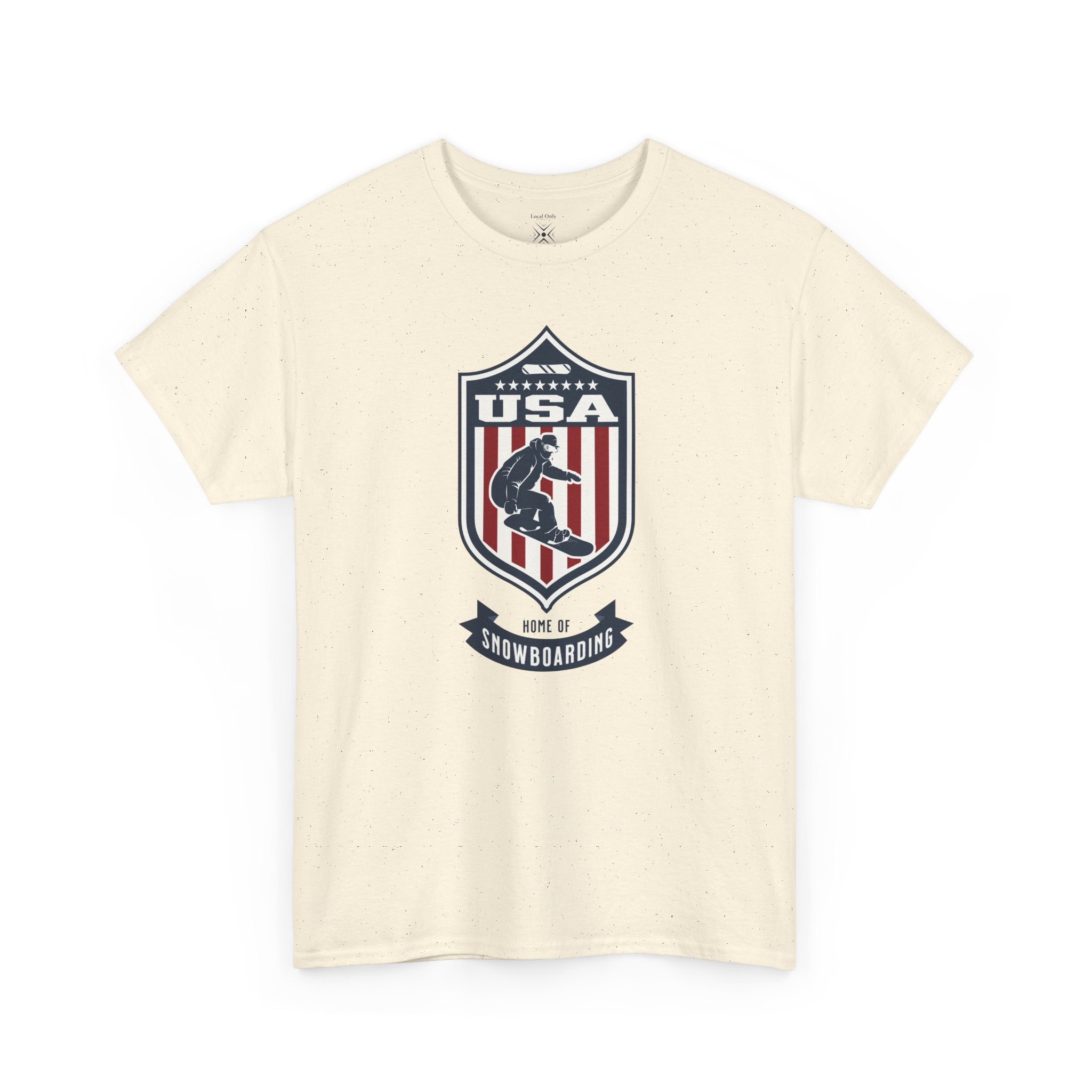 USA Home Of Snowboarding Vintage Athletic T-Shirt – Navy Red White Crest Graphic