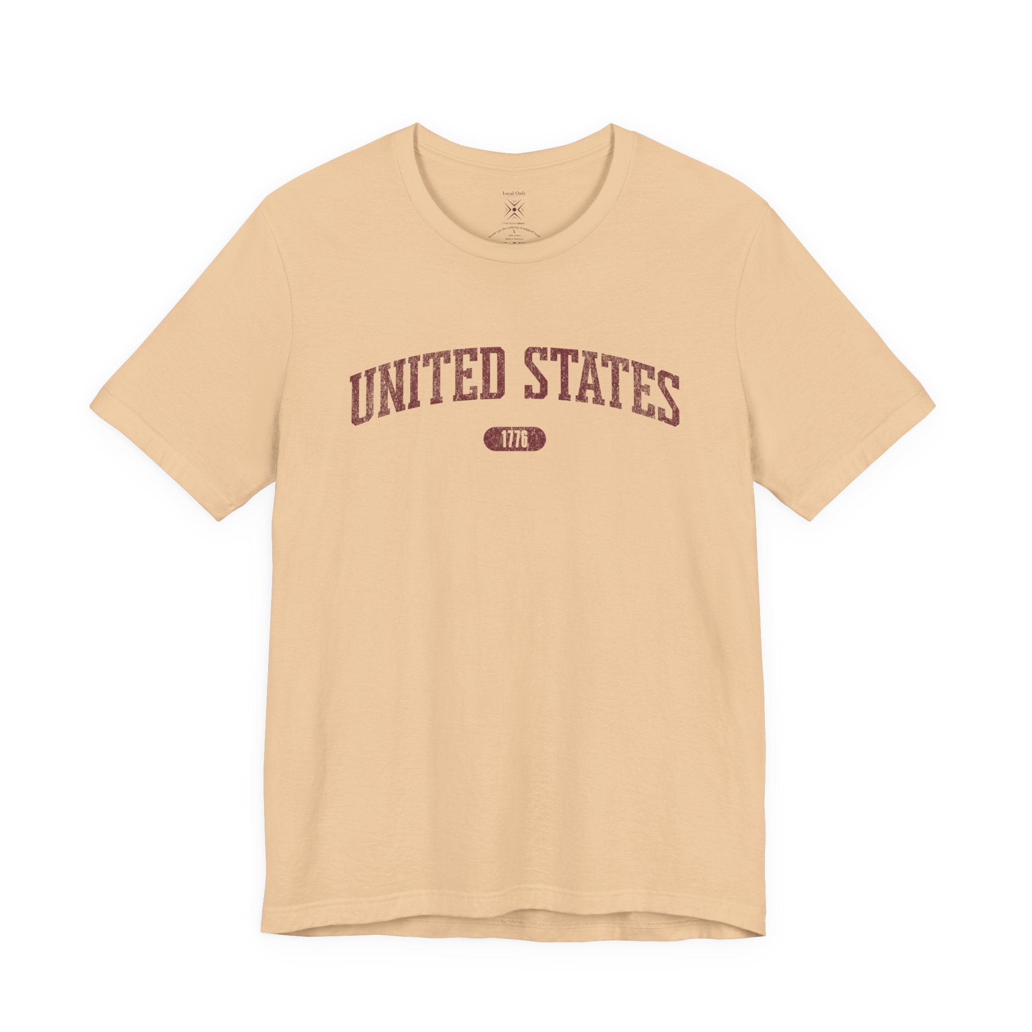 Sand Dune t-shirt with 'UNITED STATES 1776' in burgundy collegiate text.