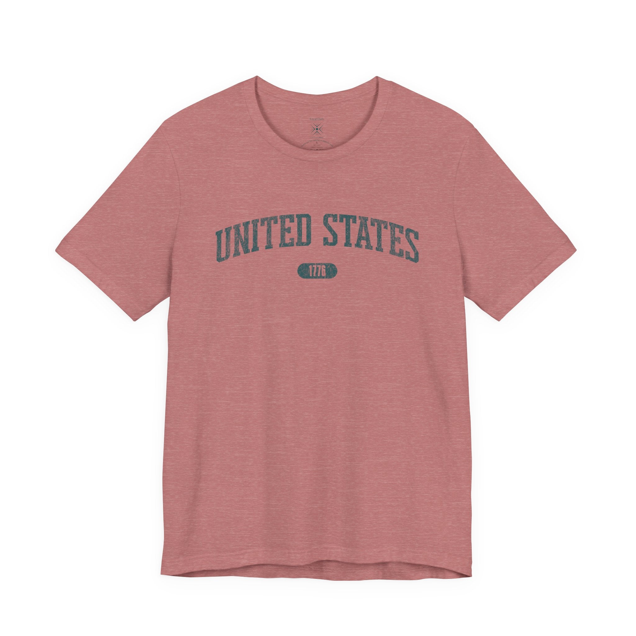 Heather Mauve t-shirt with 'UNITED STATES 1776' in teal collegiate text.