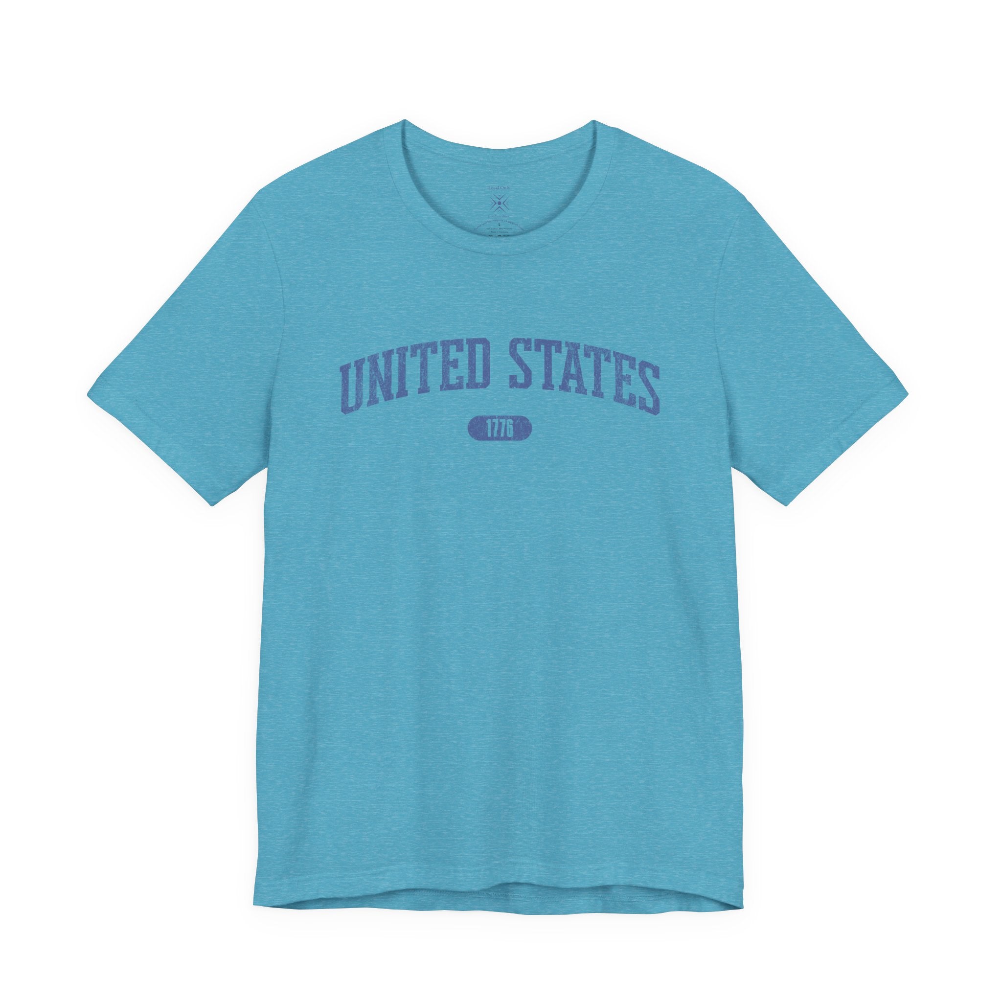 Heather Aqua t-shirt with 'UNITED STATES 1776' in blue collegiate text.