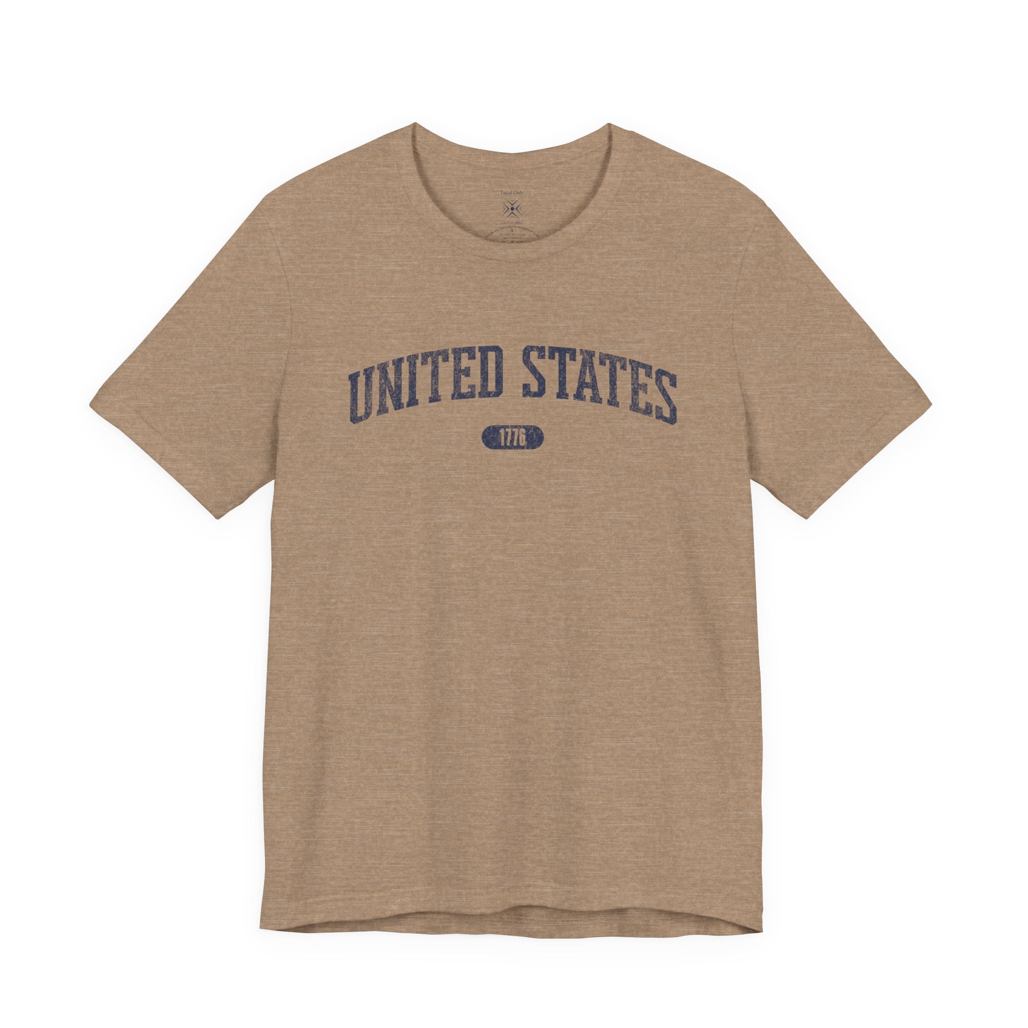 Heather Tan t-shirt with 'UNITED STATES 1776' in navy collegiate text.