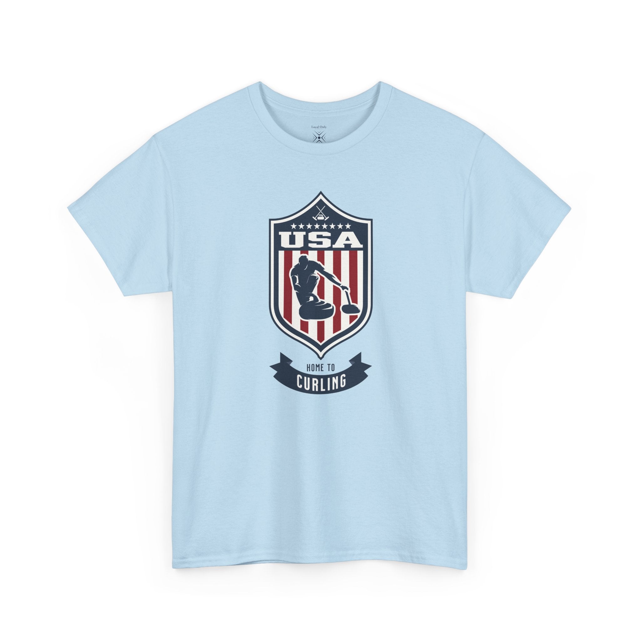 USA Home To Curling Vintage Athletic T-Shirt – Navy Red White Crest Graphic