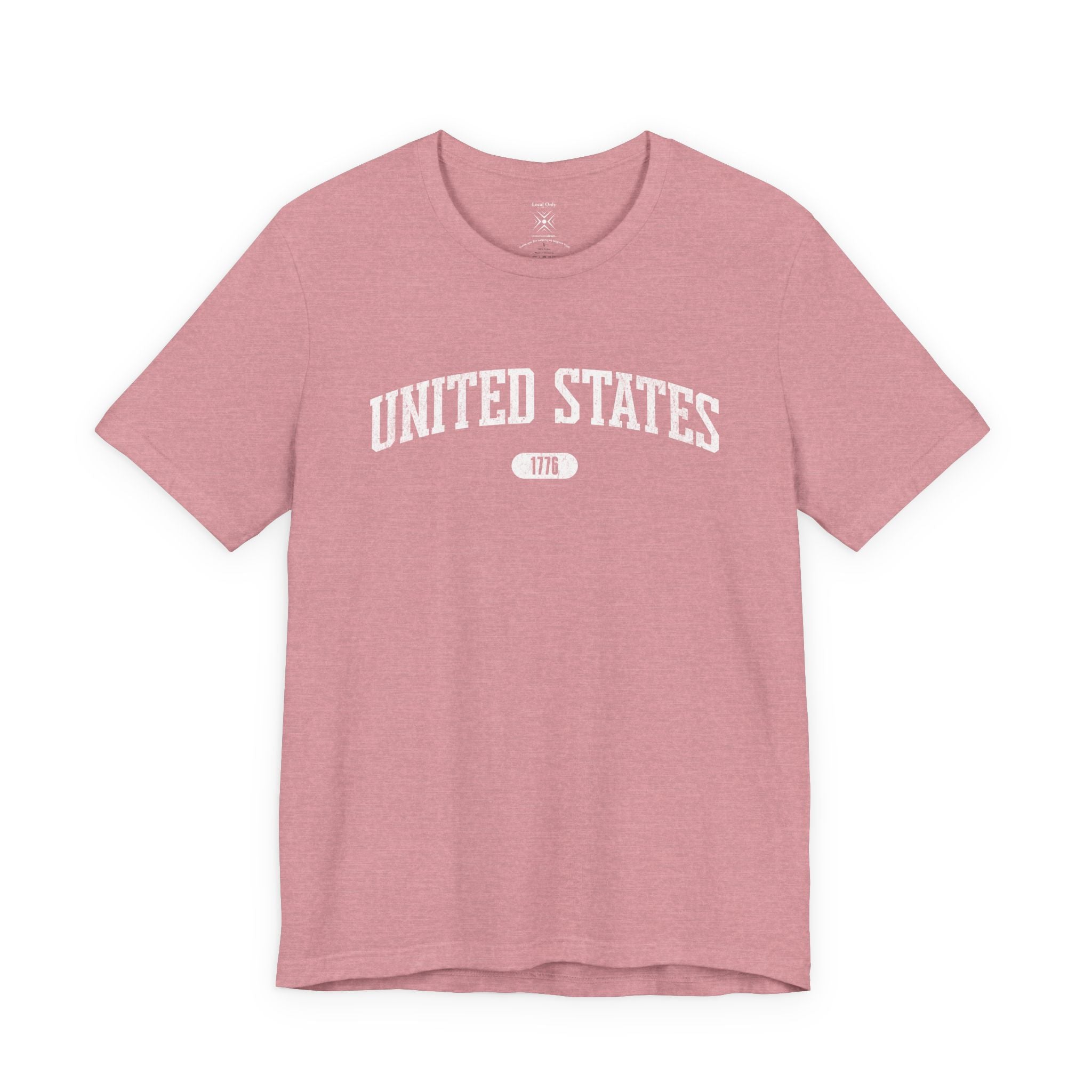 Heather Orchid t-shirt with 'UNITED STATES 1776' white collegiate text.