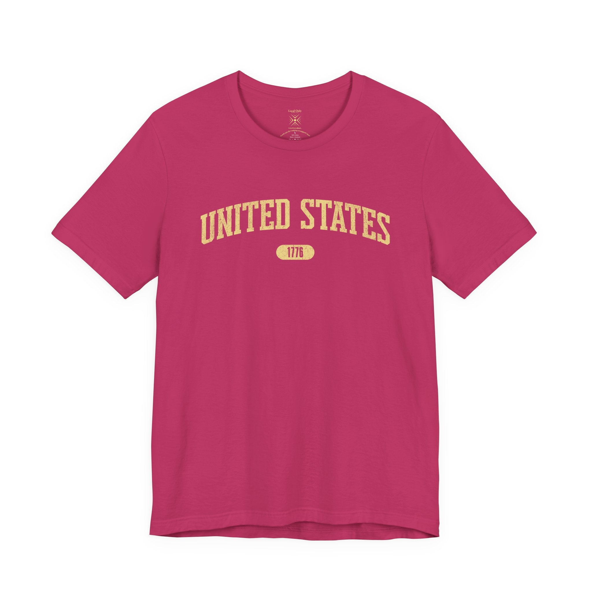 Berry t-shirt with 'UNITED STATES 1776' in yellow collegiate text.