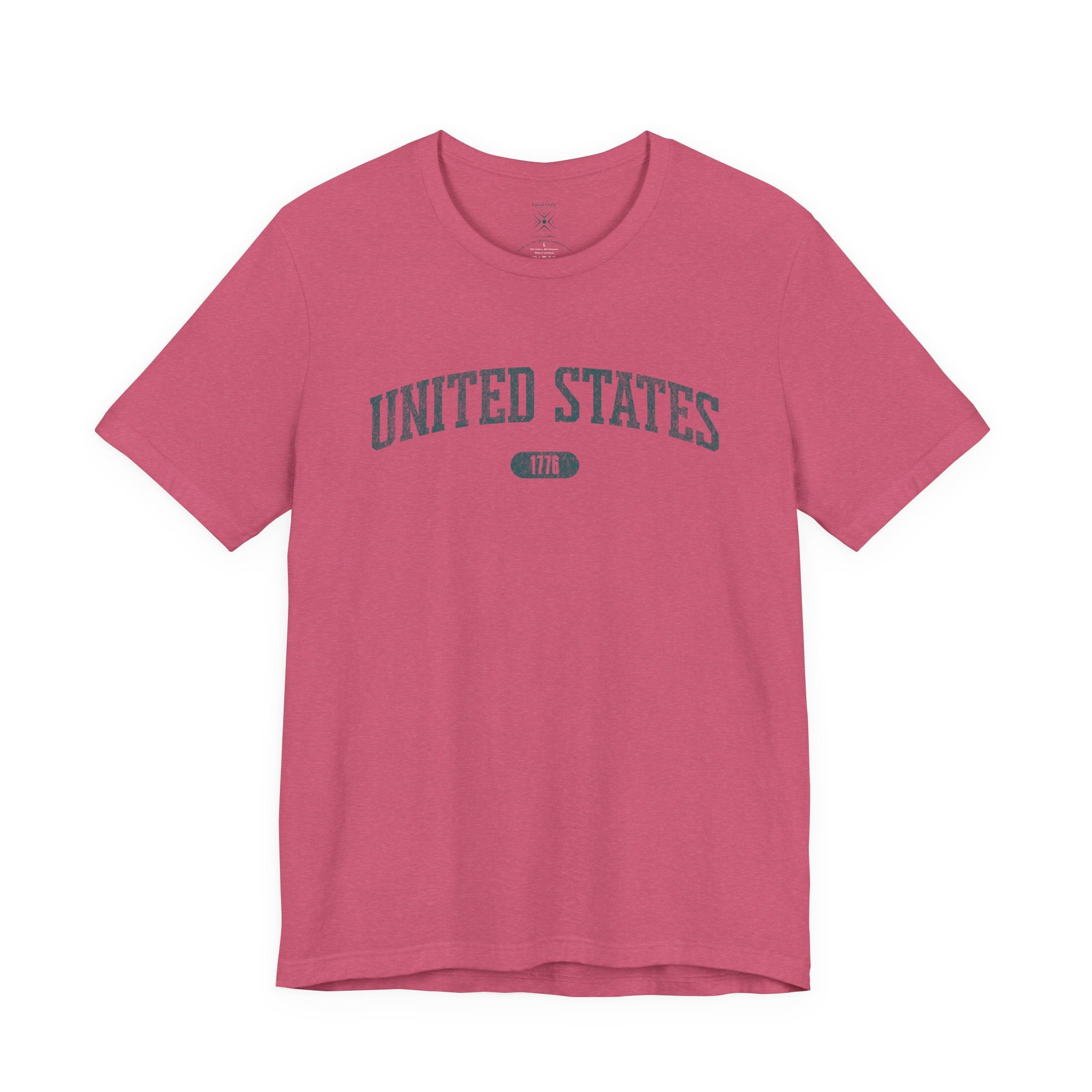Heather Raspberry t-shirt with 'UNITED STATES 1776' in teal collegiate text.