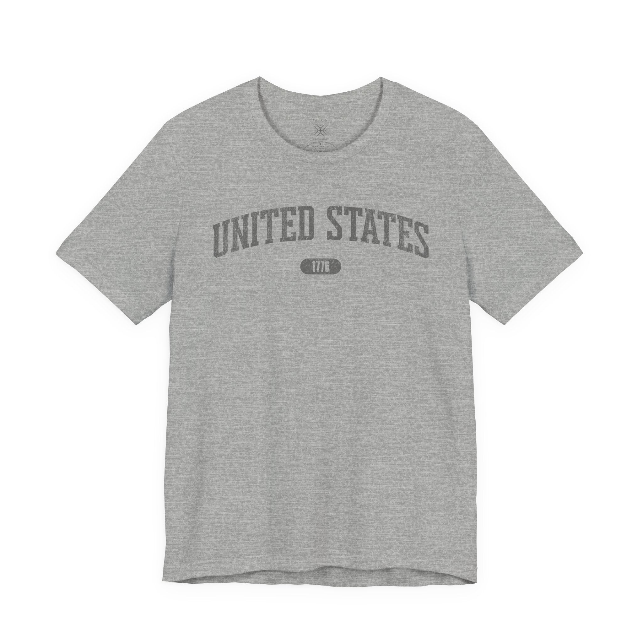 Athletic Heather t-shirt with 'UNITED STATES 1776' in gray collegiate text.