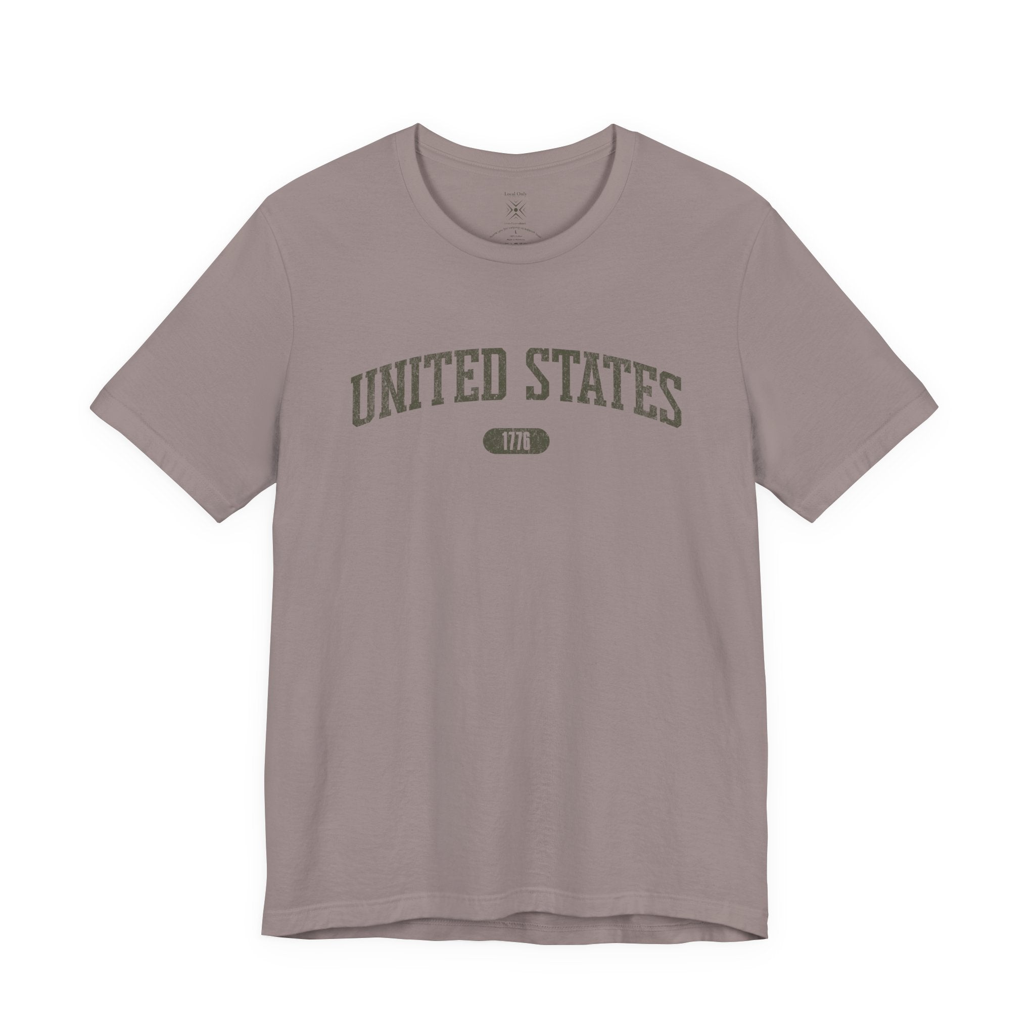 Pebble Brown t-shirt with 'UNITED STATES 1776' in olive green collegiate text.
