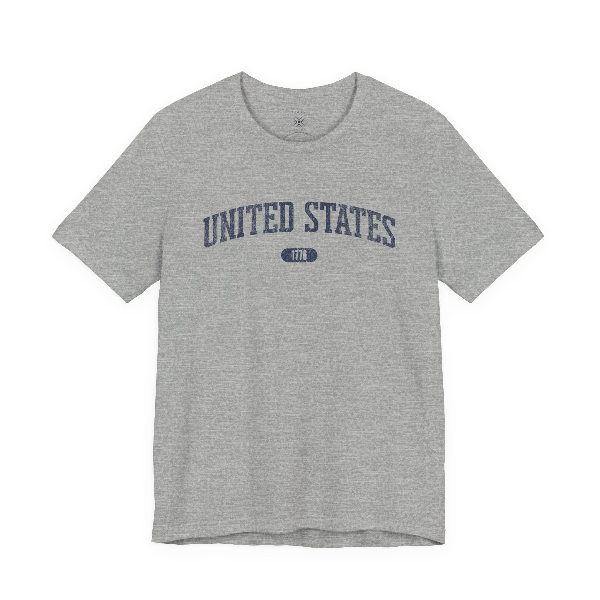 Athletic Heather t-shirt with 'UNITED STATES 1776' in navy collegiate text.