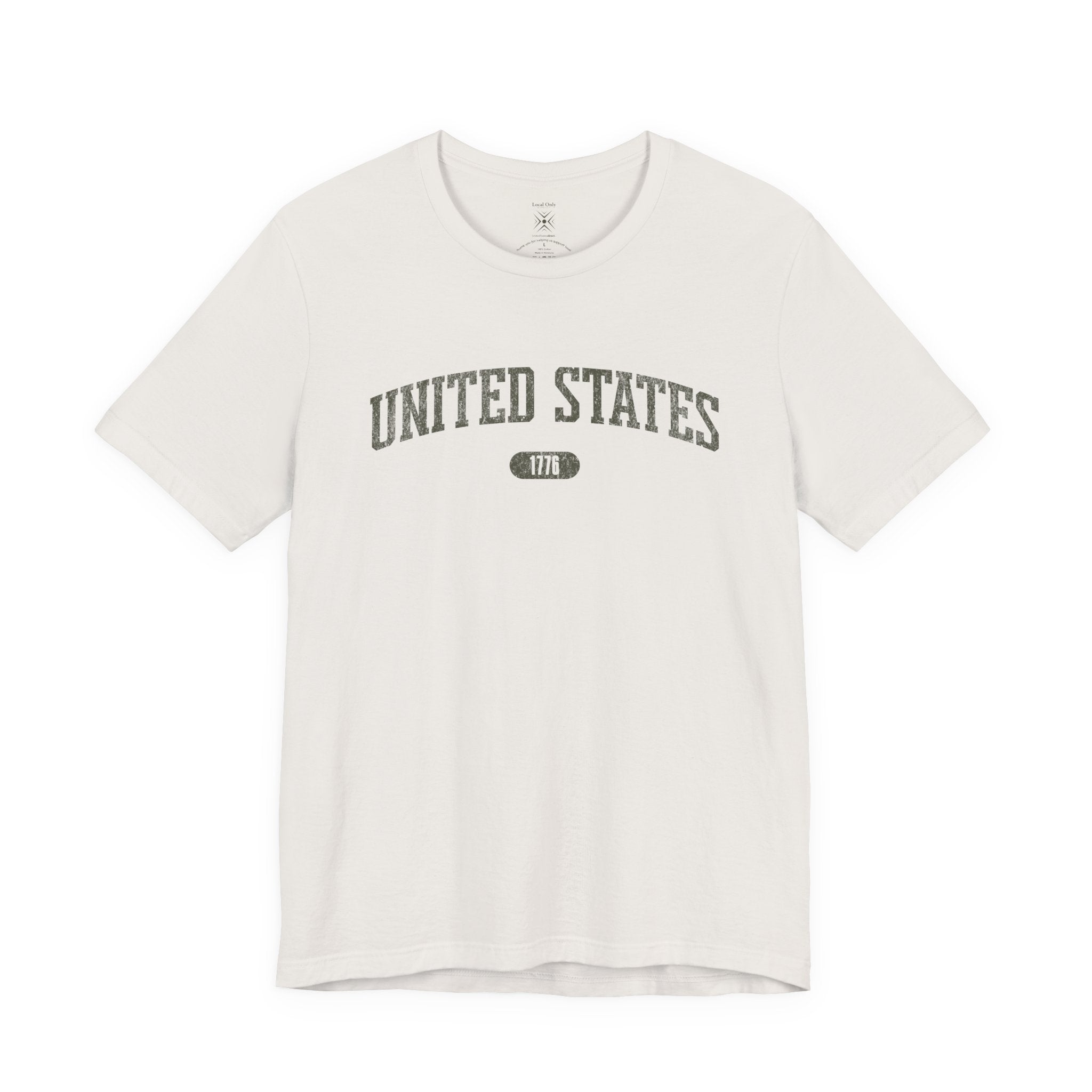 Vintage White t-shirt with 'UNITED STATES 1776' in olive green collegiate text.