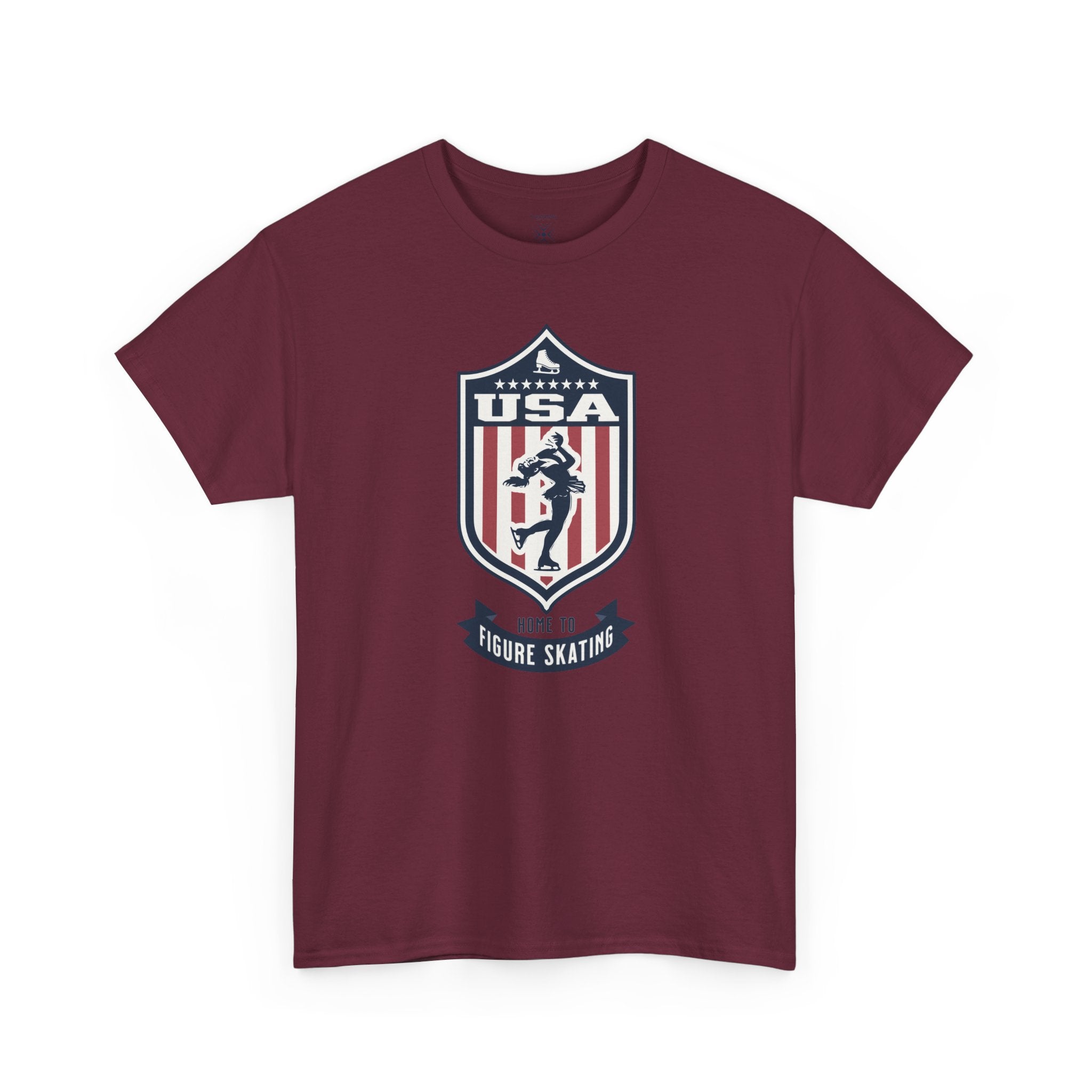 USA Home To Figure Skating Vintage Athletic T-Shirt – Navy Red White Crest Graphic