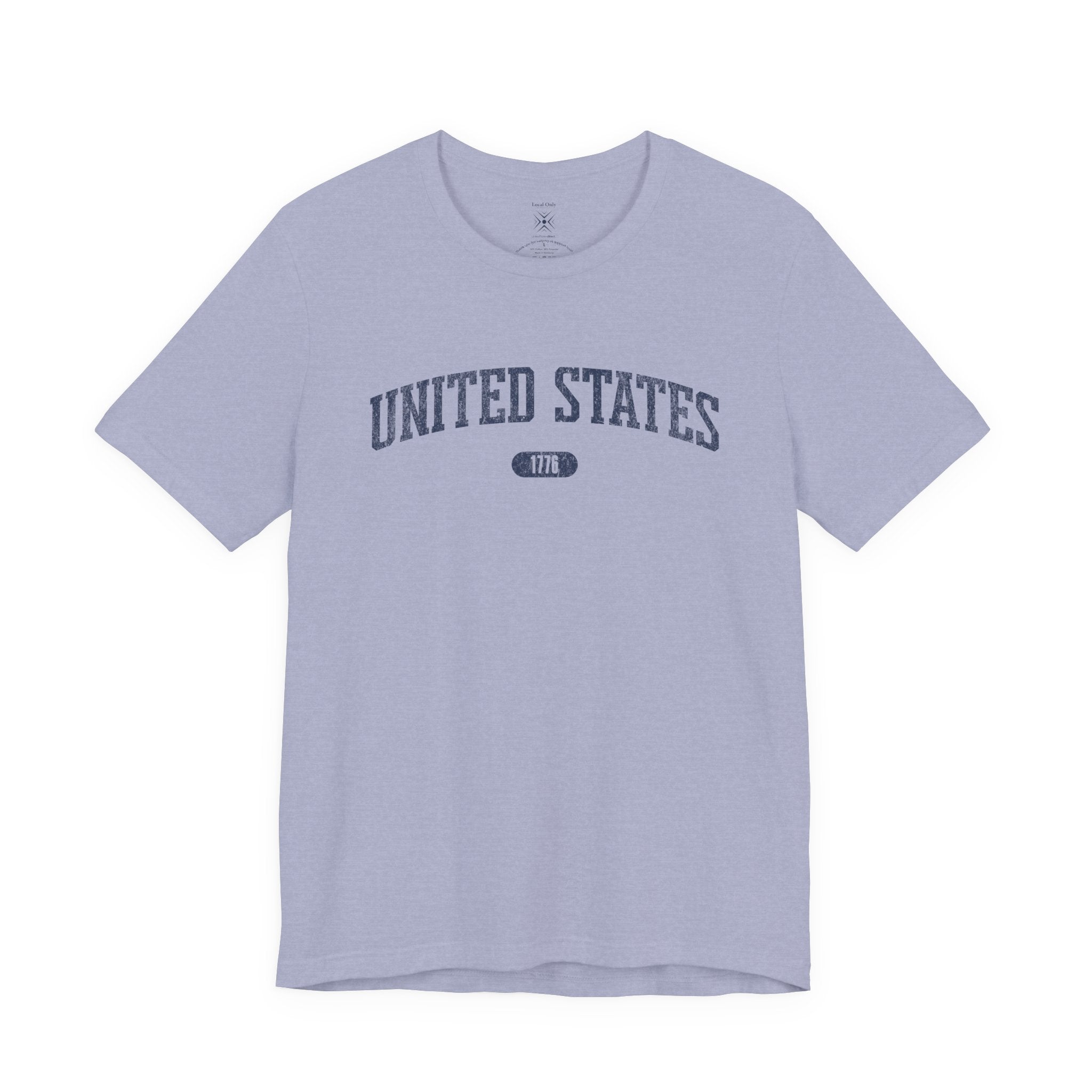 Heather Blue t-shirt with 'UNITED STATES 1776' in navy collegiate text.