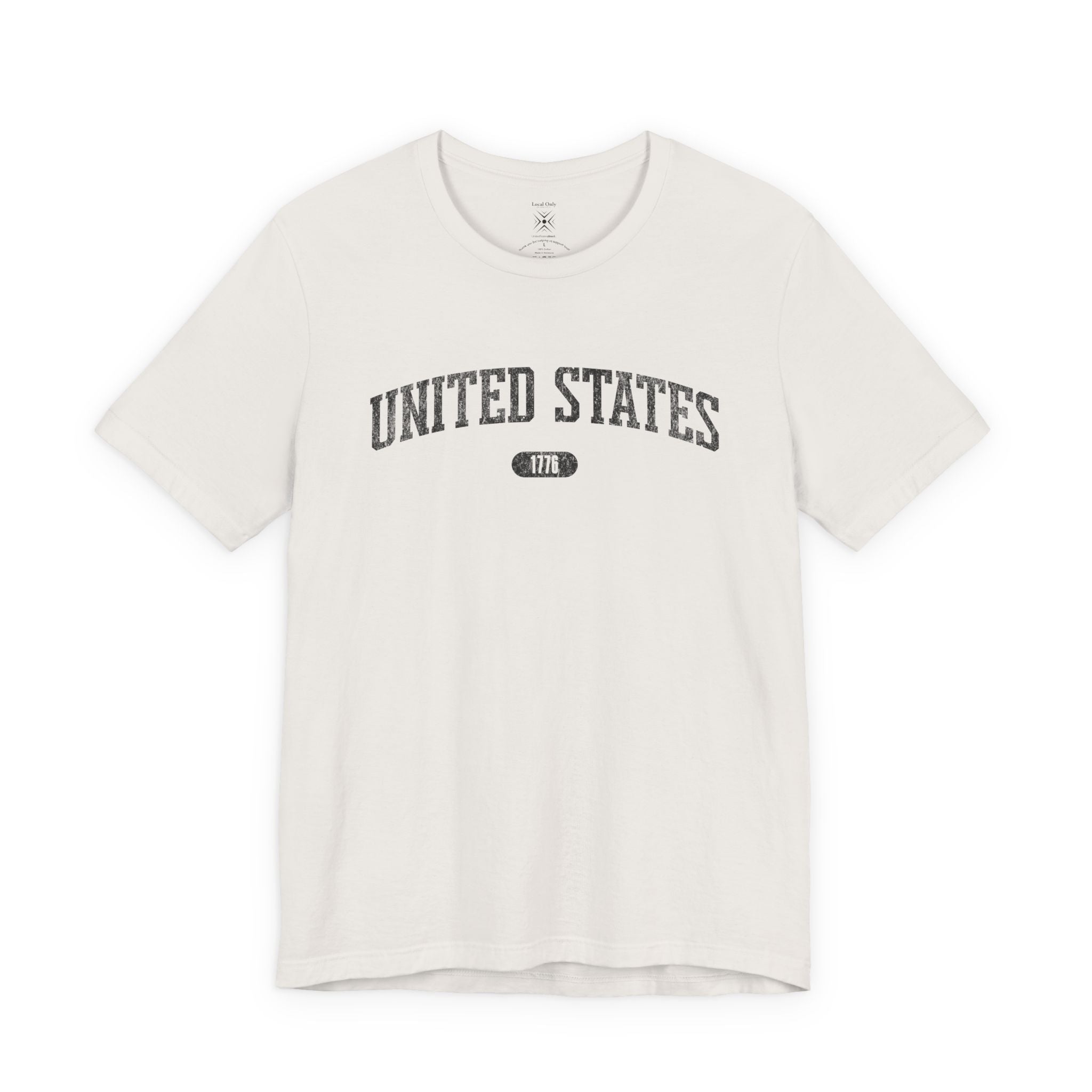 Vintage White t-shirt with 'UNITED STATES 1776' black collegiate text.