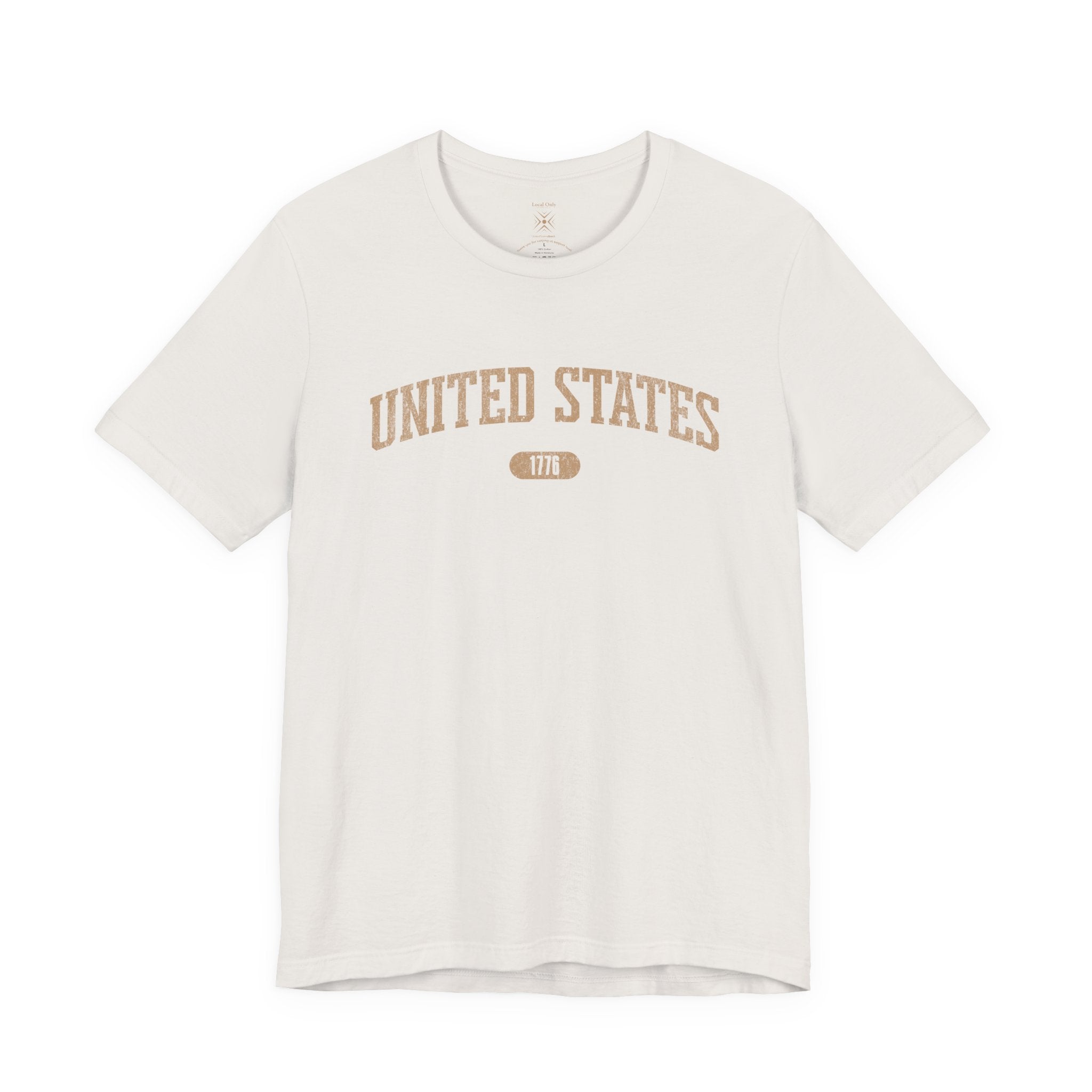 Vintage White t-shirt with 'UNITED STATES 1776' in tan collegiate text.
