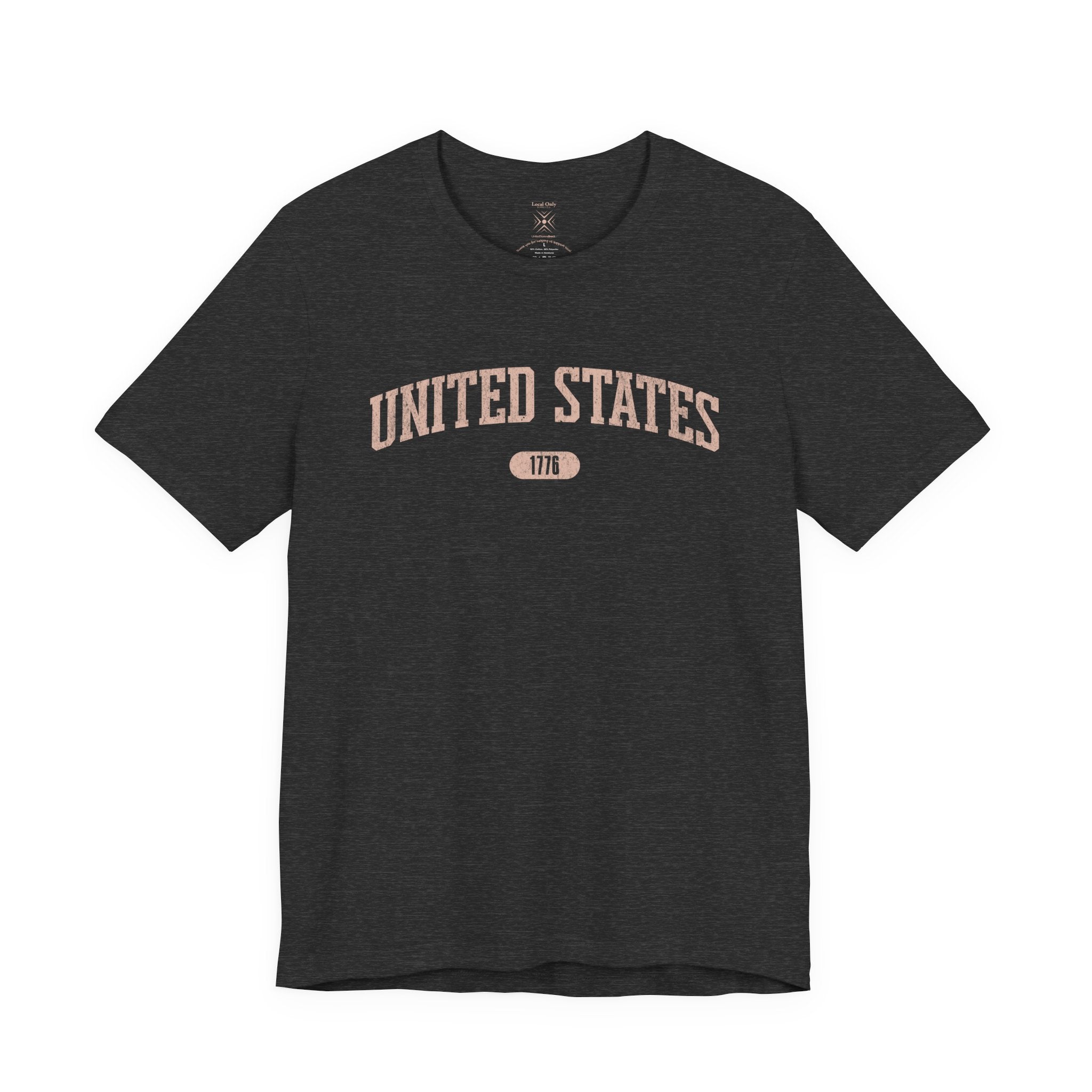 Dark Grey Heather t-shirt with 'UNITED STATES 1776' in transcendent pink collegiate text.