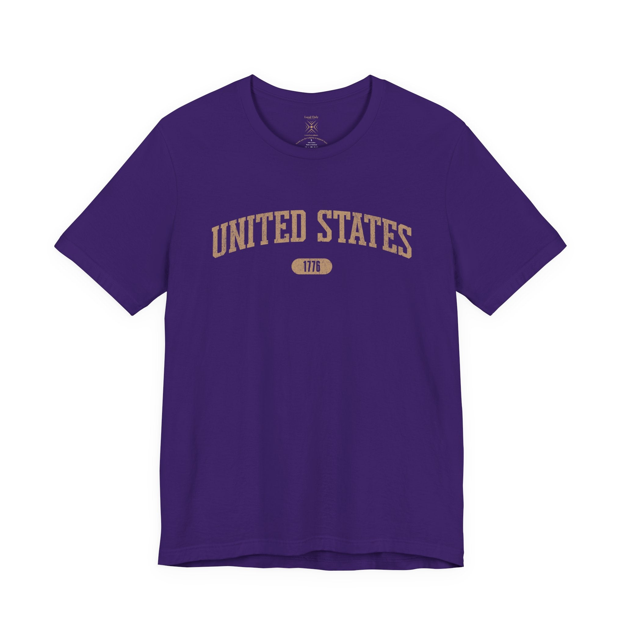 Team Purple t-shirt with 'UNITED STATES 1776' in tan collegiate text.