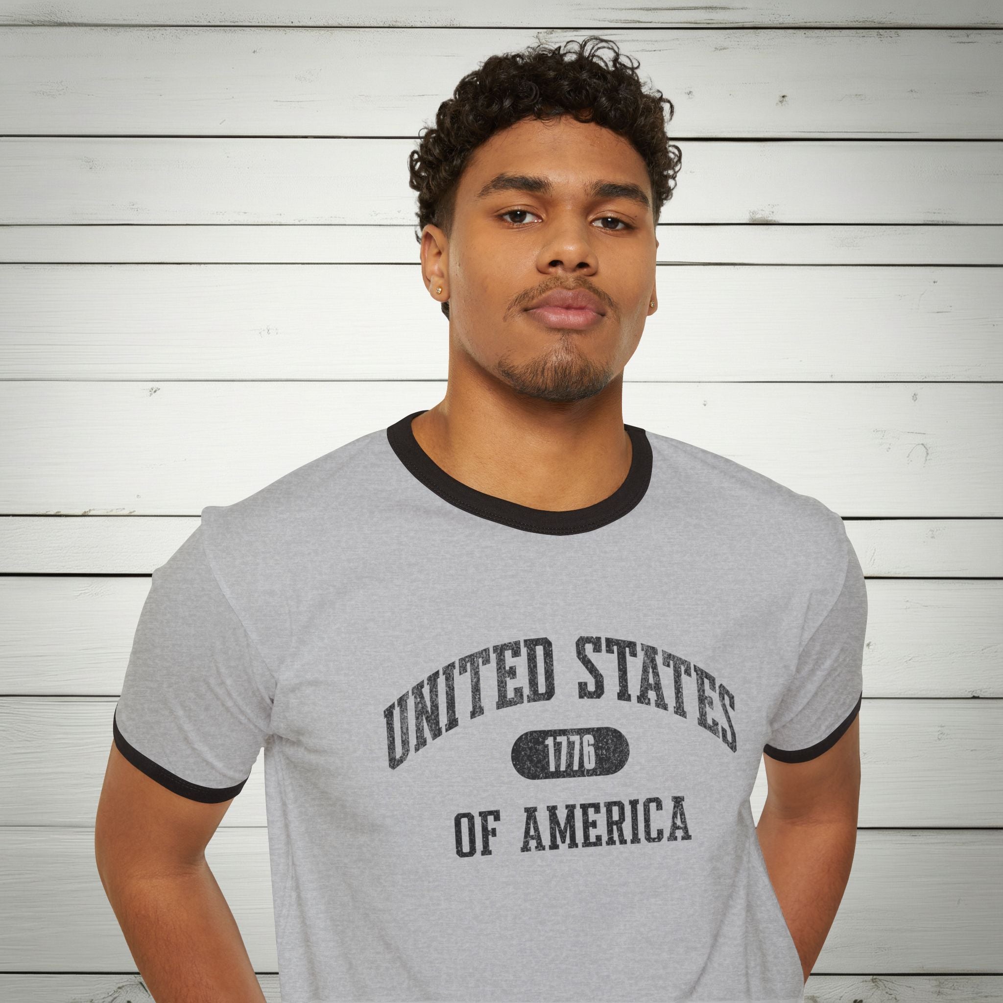 United States of America 1776 Vintage Collegiate Ringer Tee – Black Graphic – Neutrals with Black Trim