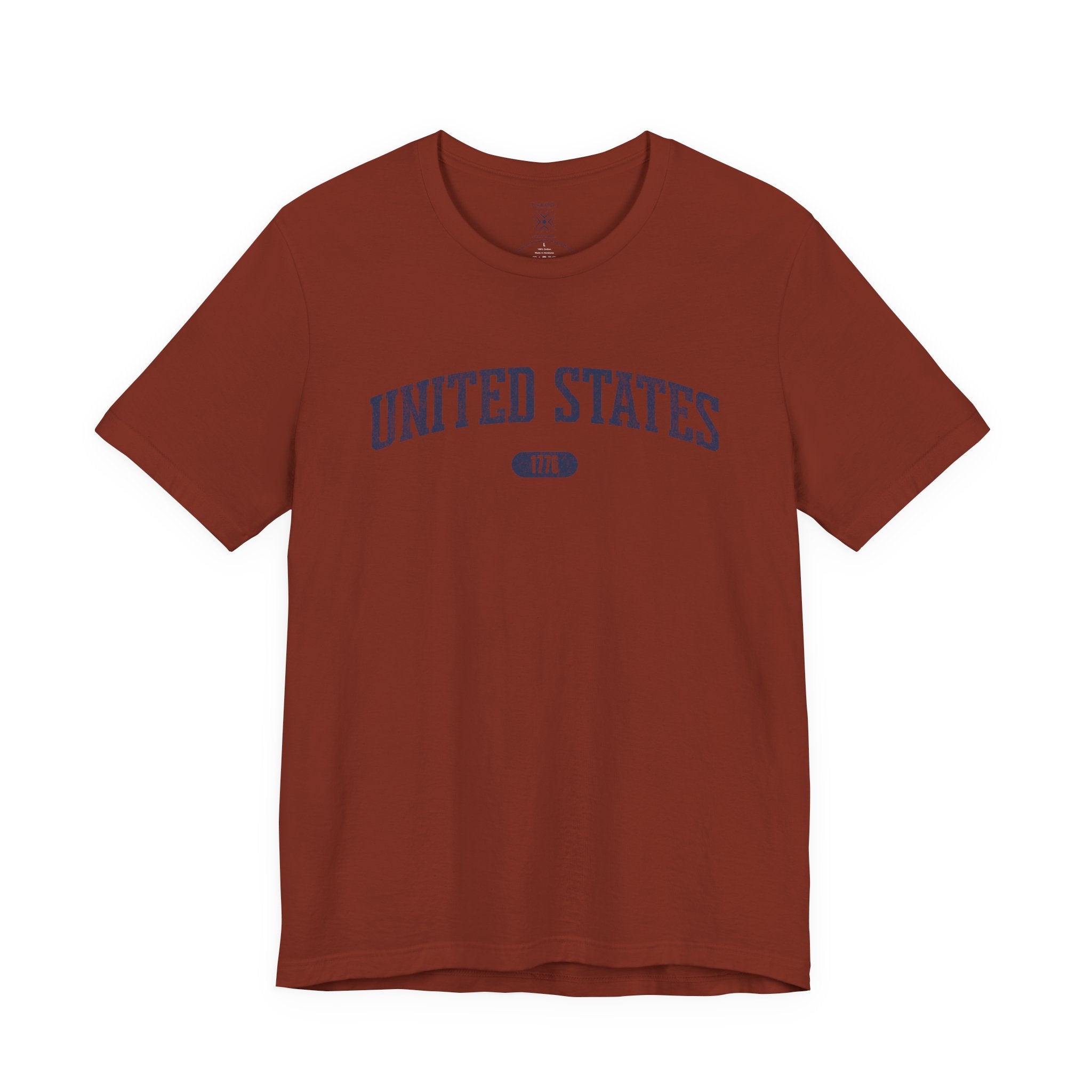 Rust t-shirt with 'UNITED STATES 1776' in navy collegiate text.