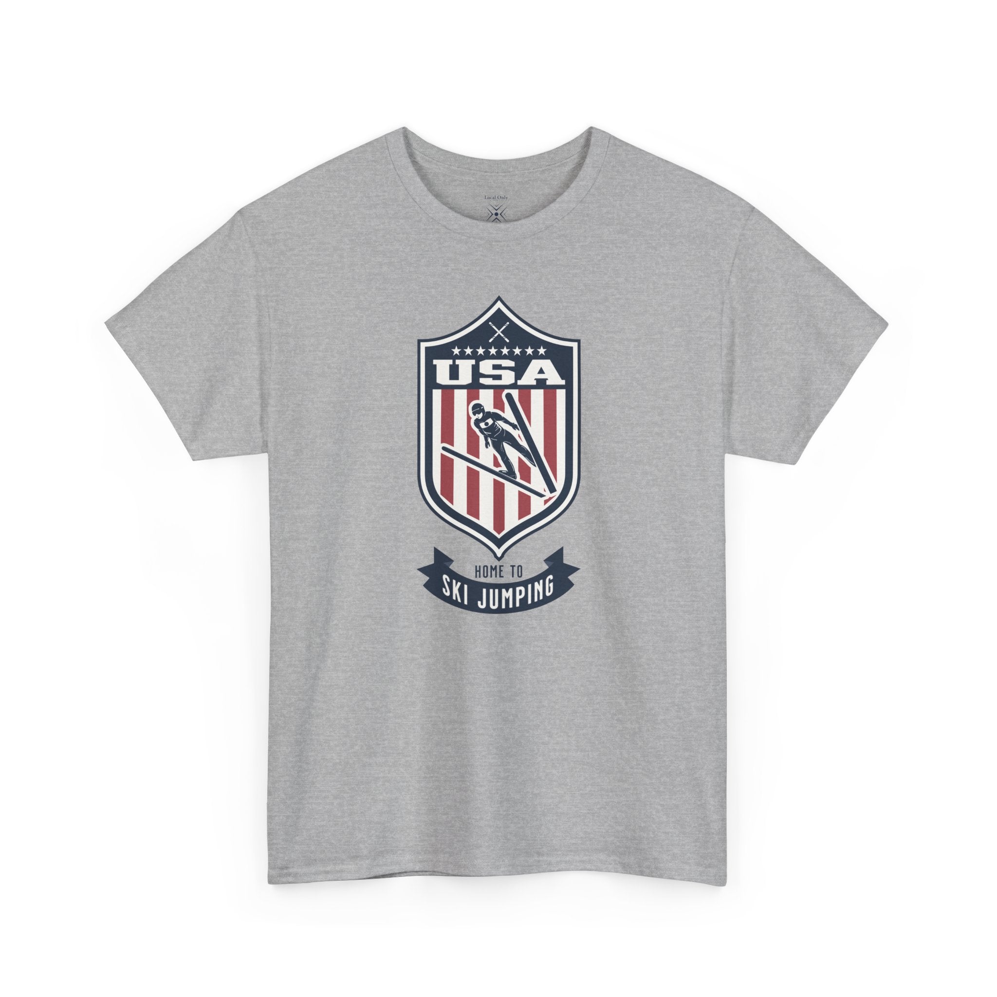 USA Home To Ski Jumping Vintage Athletic T-Shirt – Navy Red White Crest Graphic