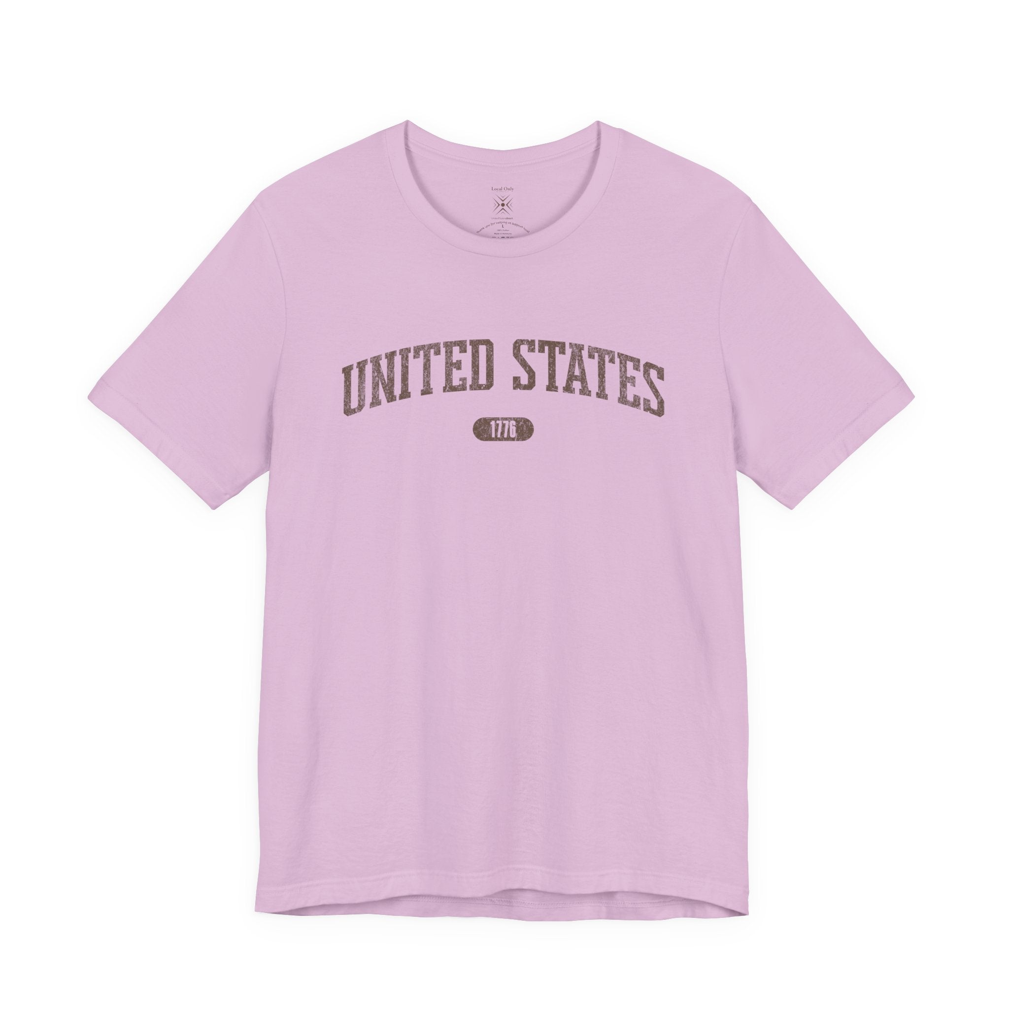 Lilac t-shirt with 'UNITED STATES 1776' in brown collegiate text.