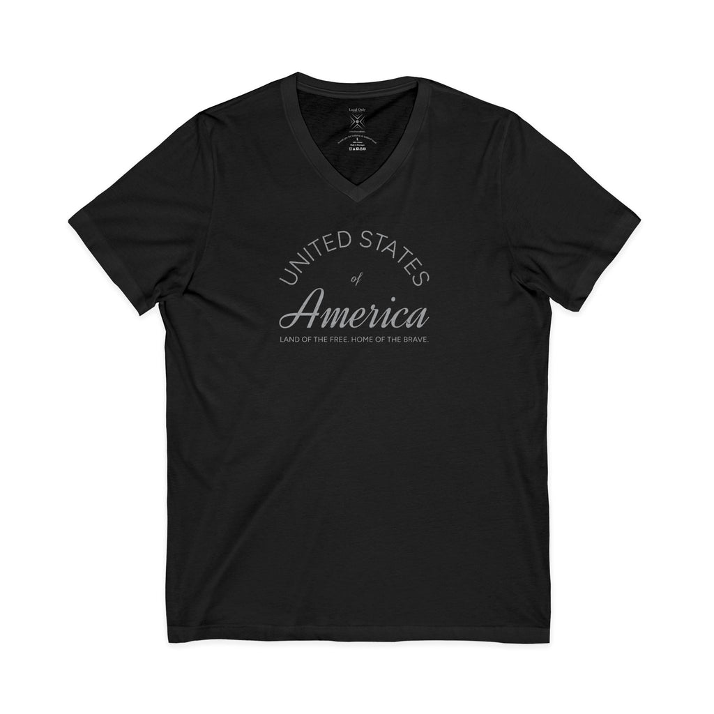 United States of America Land of the Free Home of the Brave Americana Script V-Neck Tee – Silver Gray Graphic