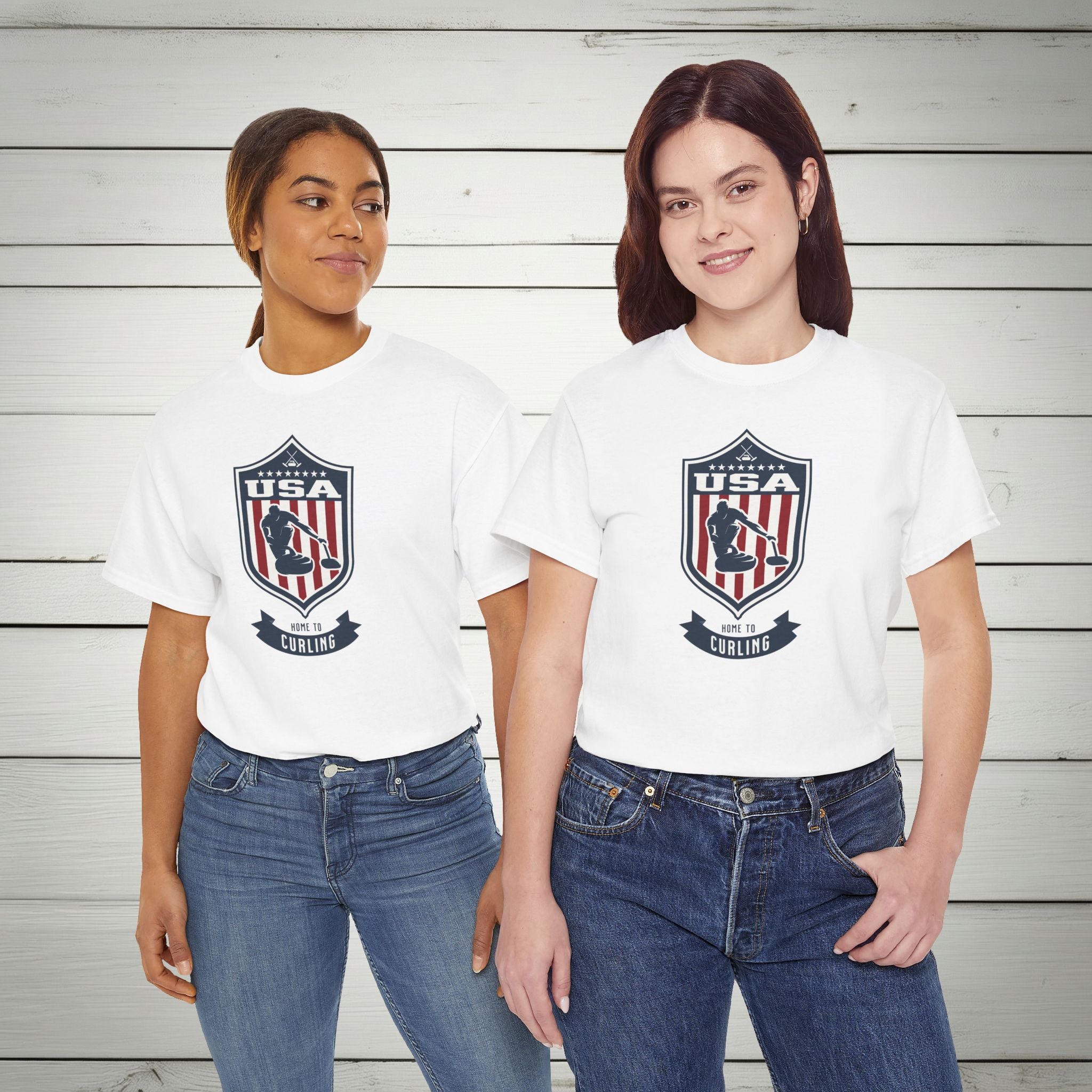 USA Home To Curling Vintage Athletic T-Shirt – Navy Red White Crest Graphic