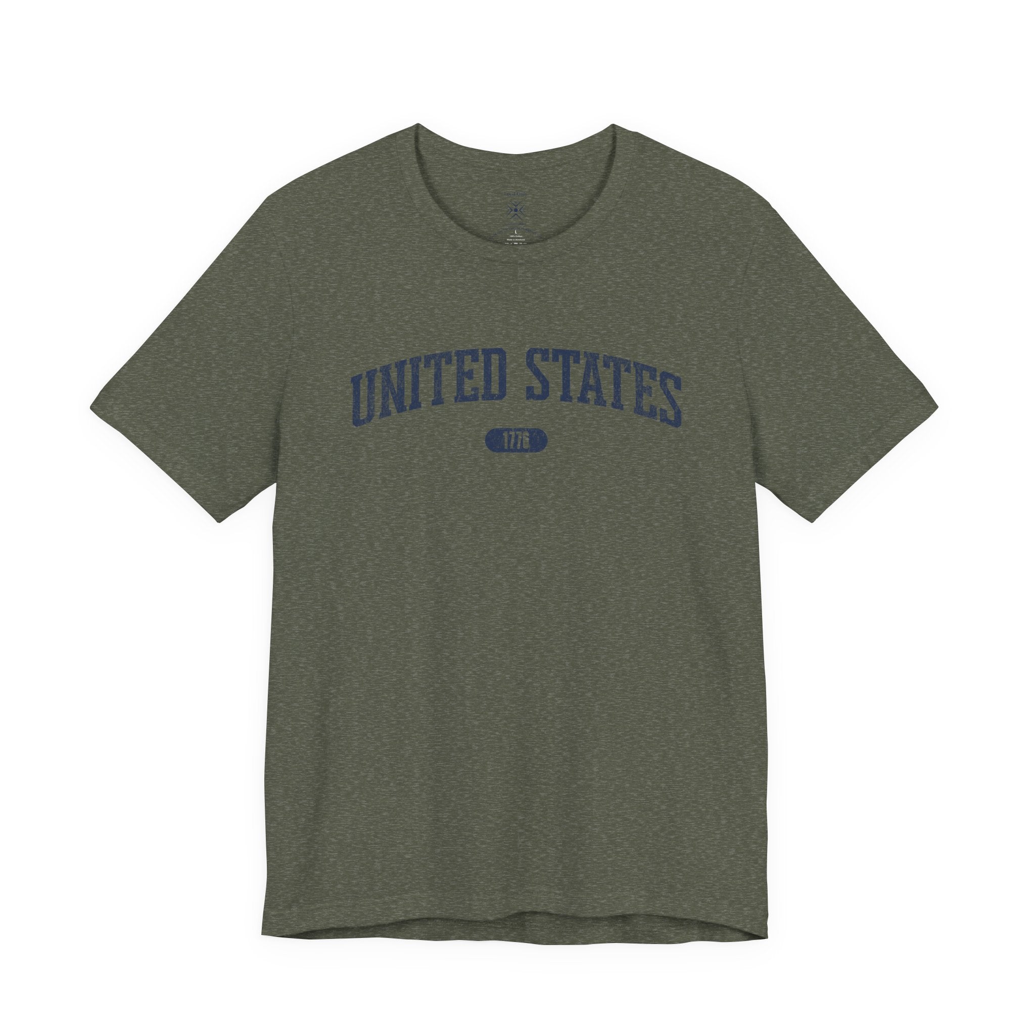 Heather Military Green t-shirt with 'UNITED STATES 1776' in navy collegiate text.
