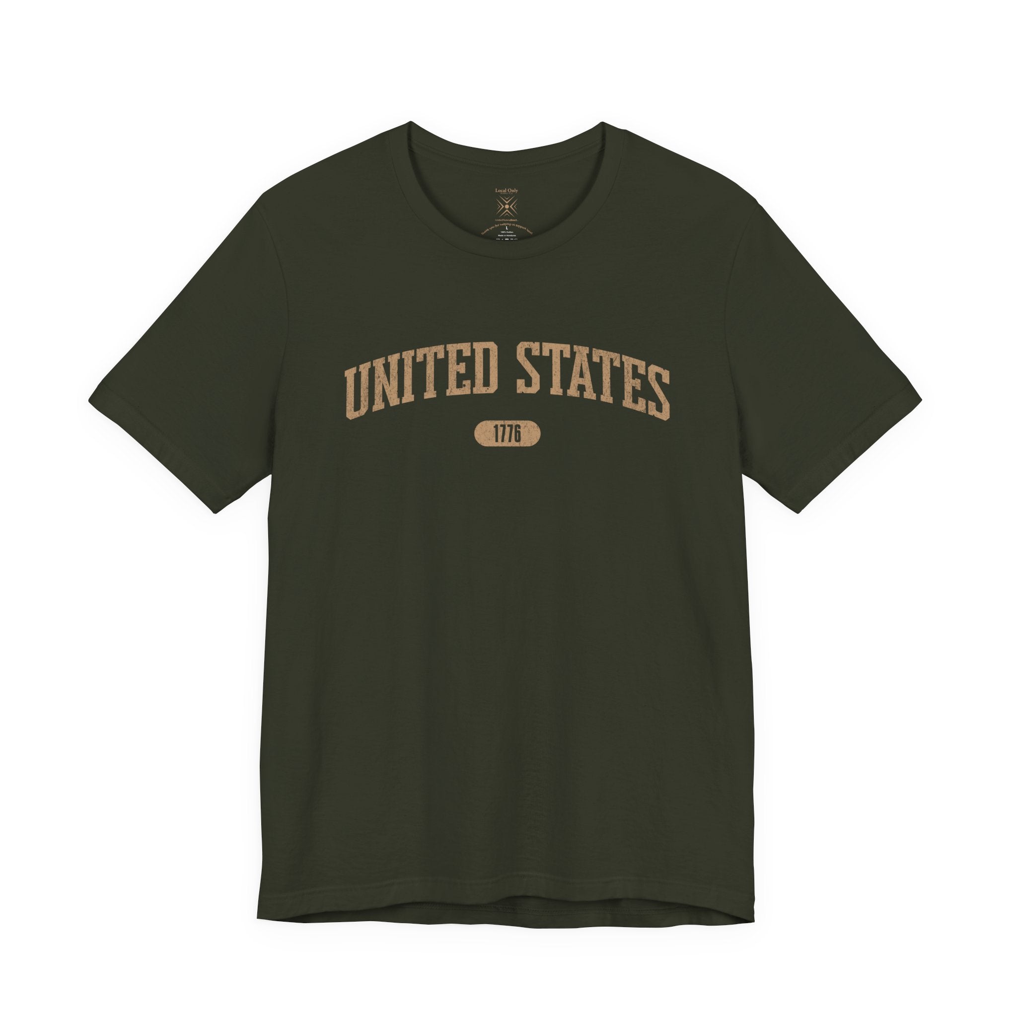 Dark Olive t-shirt with 'UNITED STATES 1776' in tan collegiate text.