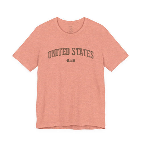 Heather Sunset t-shirt with 'UNITED STATES 1776' in brown collegiate text.