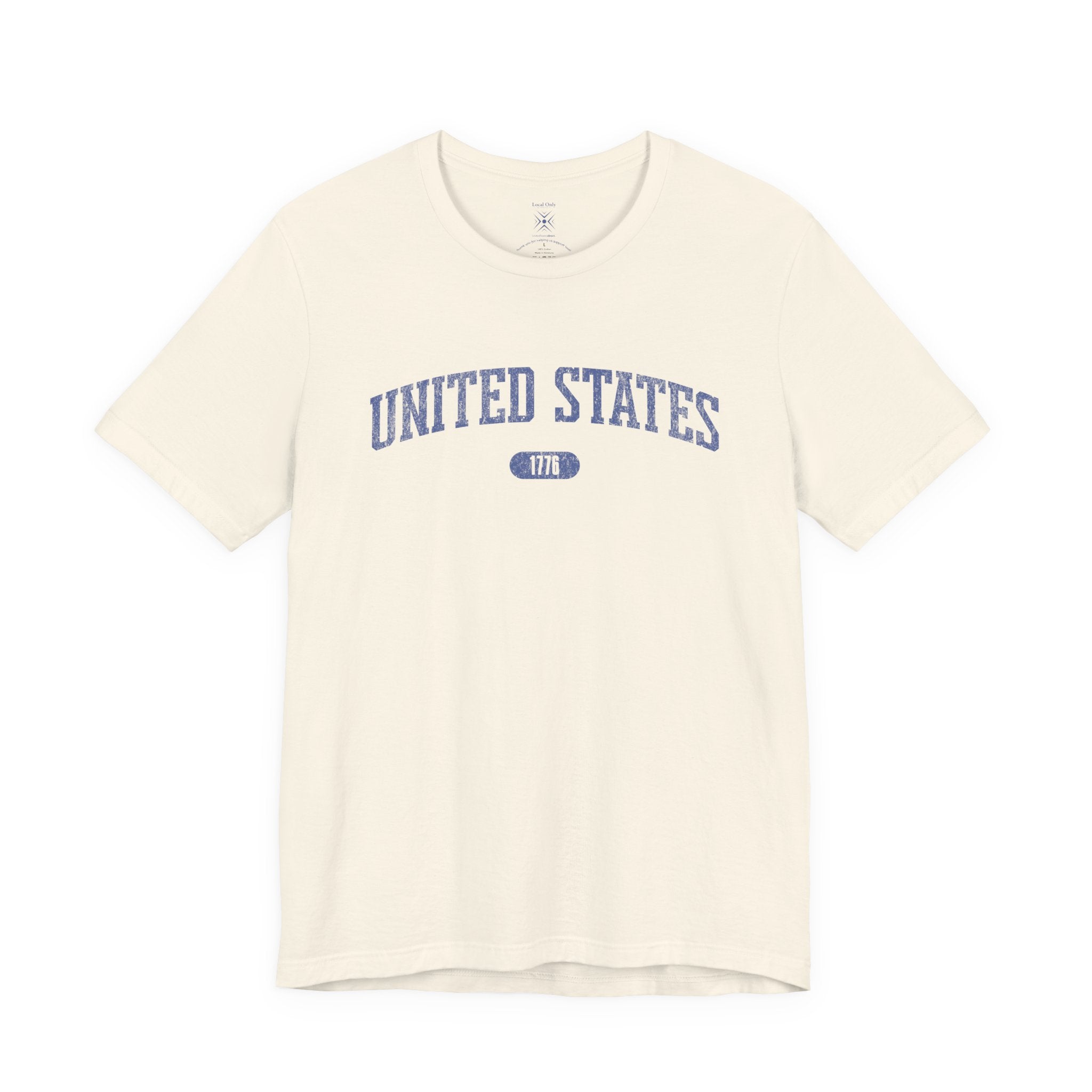 Natural t-shirt with 'UNITED STATES 1776' in blue collegiate text.