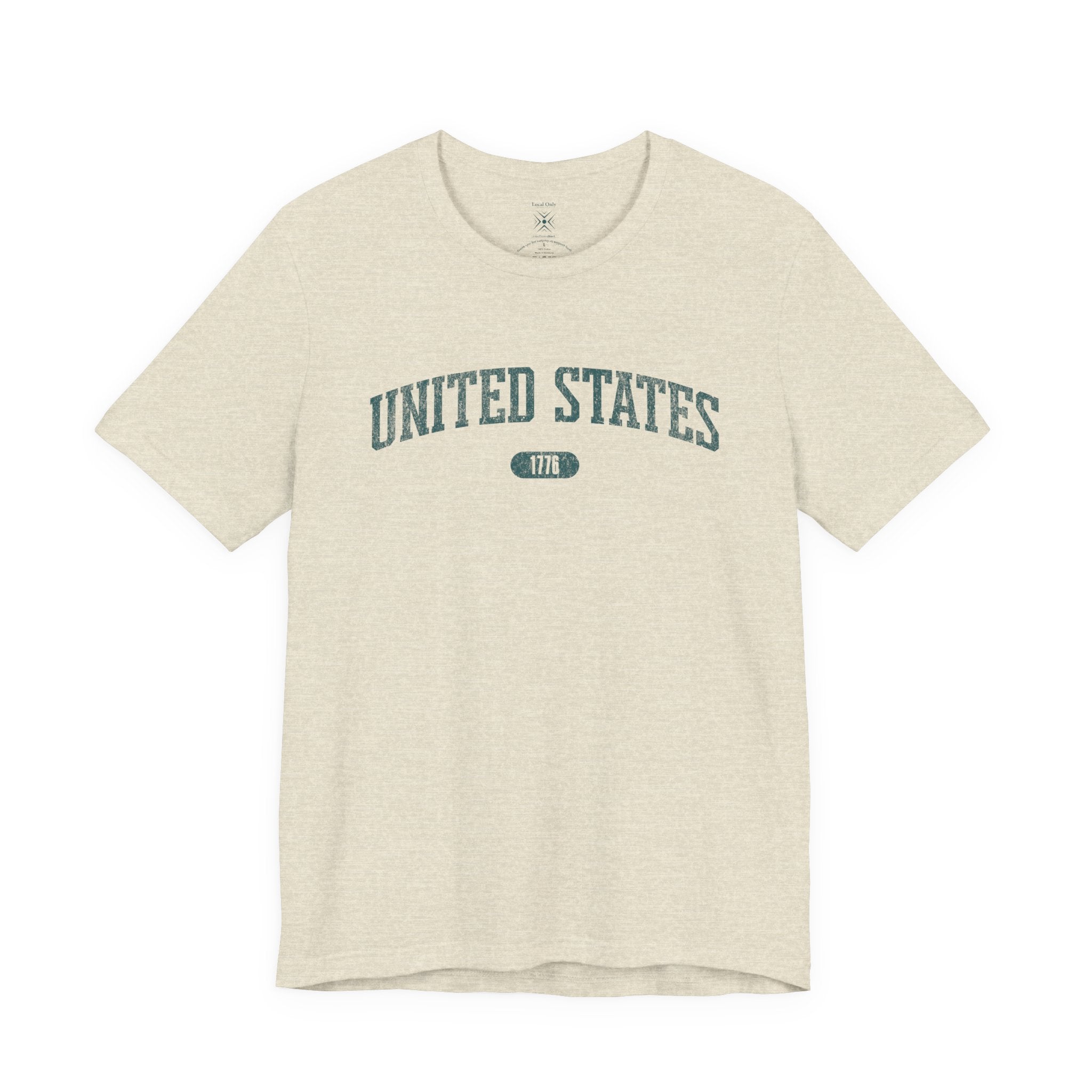 Heather Prism Natural t-shirt with 'UNITED STATES 1776' in teal collegiate text.