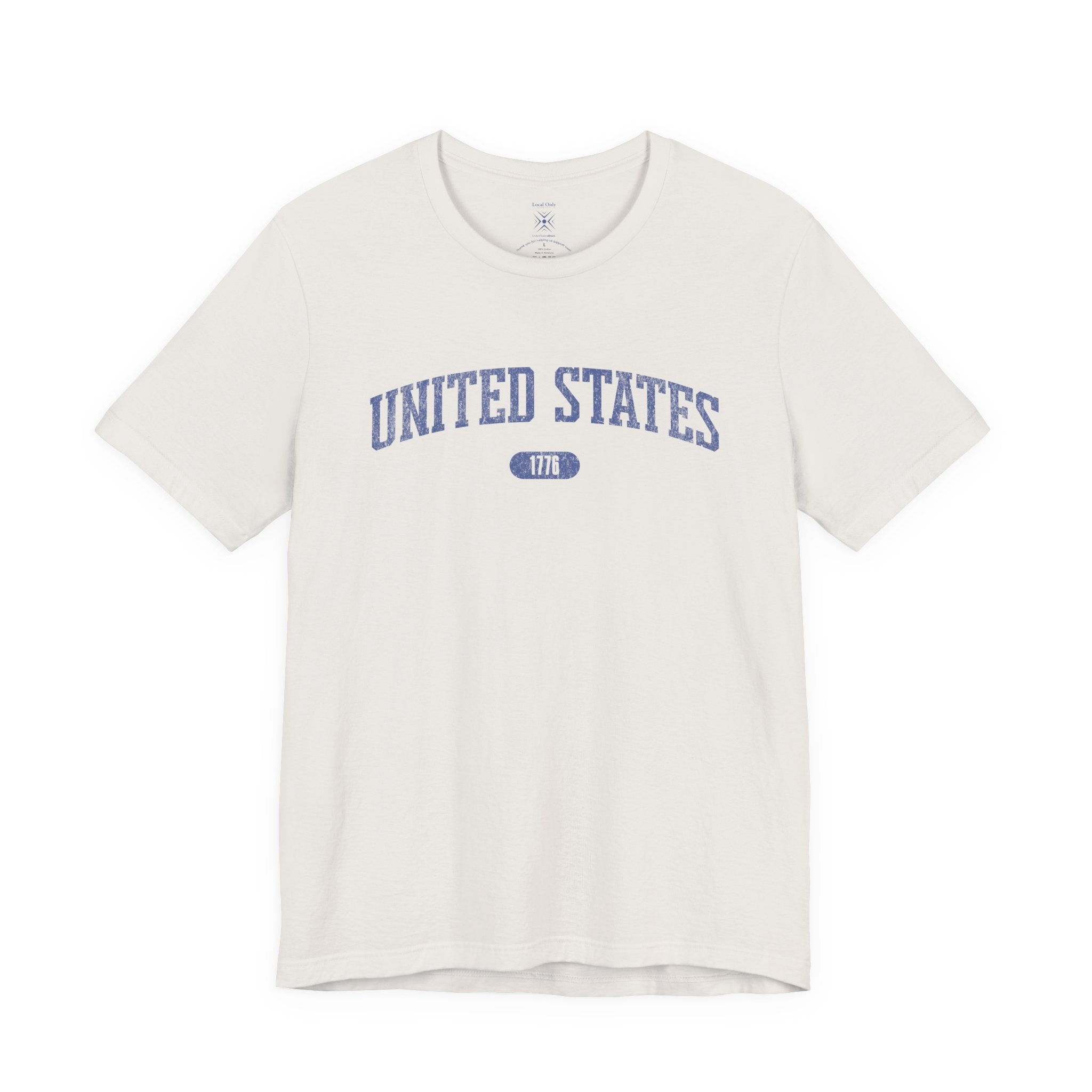 Vintage White t-shirt with 'UNITED STATES 1776' in blue collegiate text.