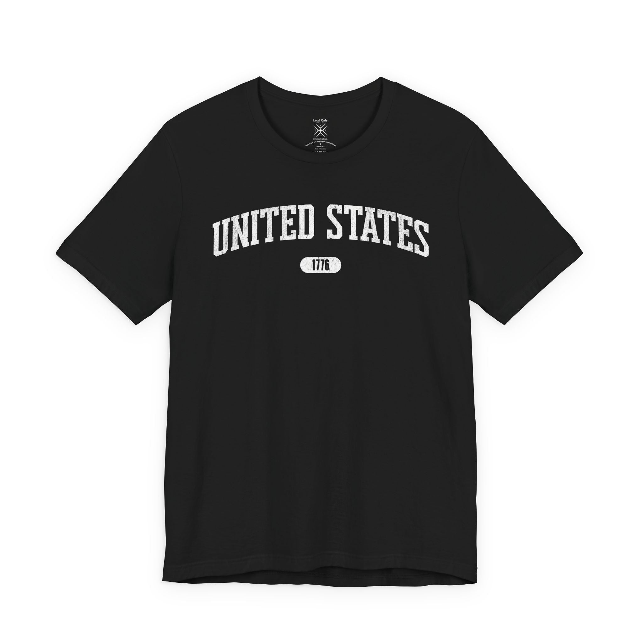 Black t-shirt with 'UNITED STATES 1776' white collegiate text.