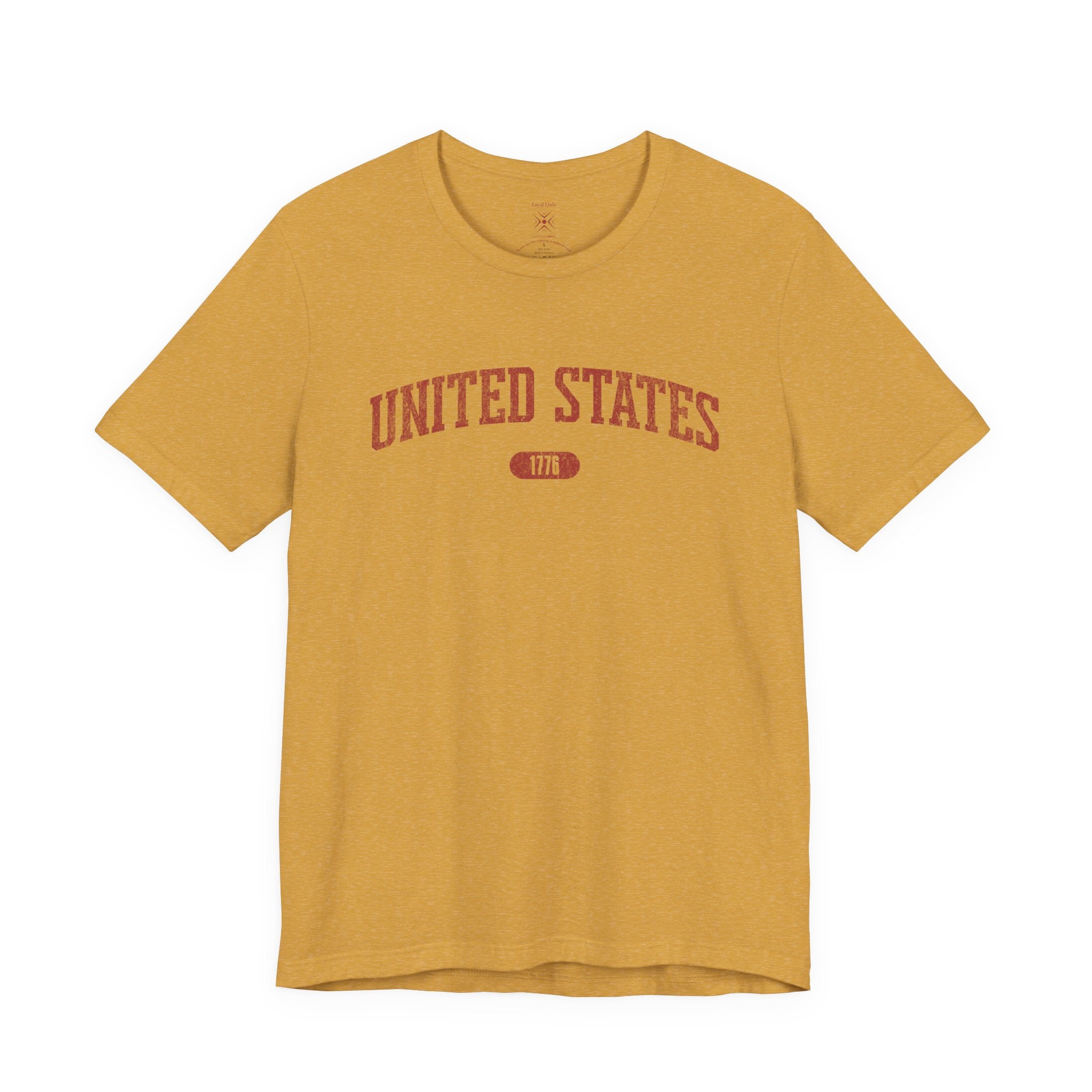 Heather Mustard t-shirt with 'UNITED STATES 1776' in red collegiate text