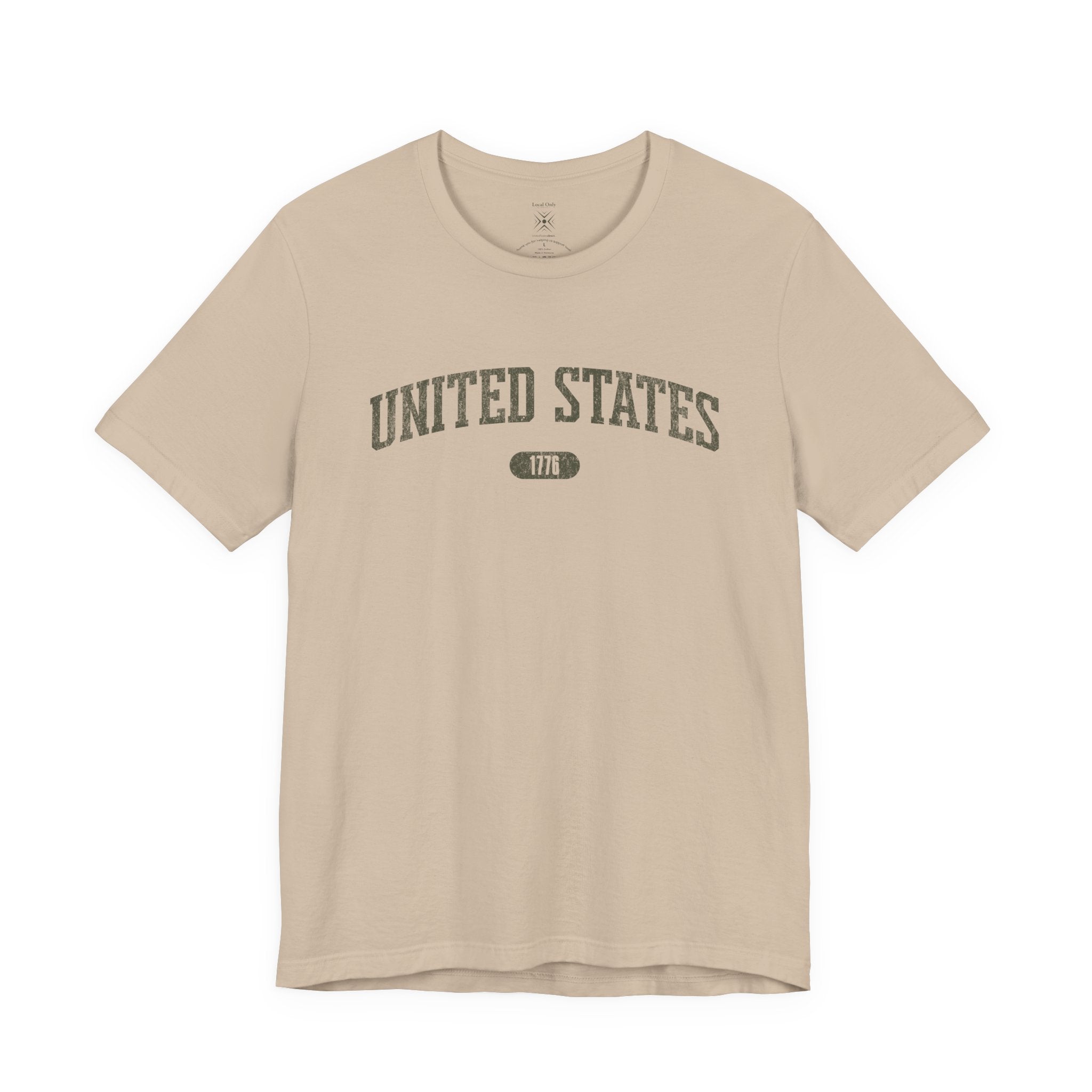 Tan t-shirt with 'UNITED STATES 1776' in olive green collegiate text.