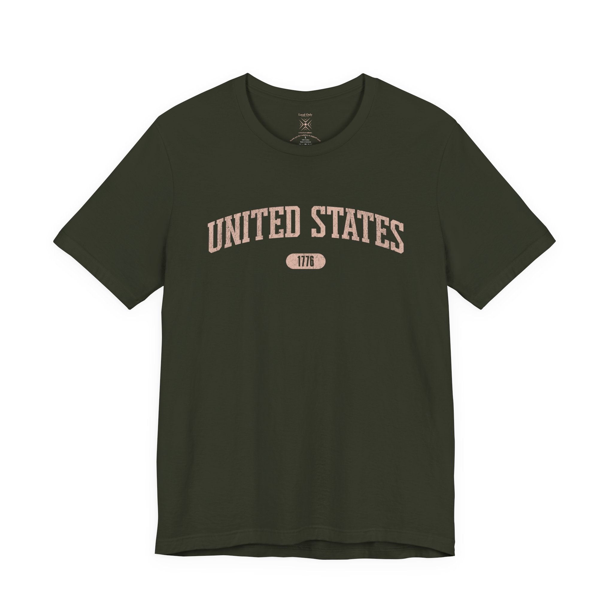 Dark Olive t-shirt with 'UNITED STATES 1776' in transcendent pink collegiate text.
