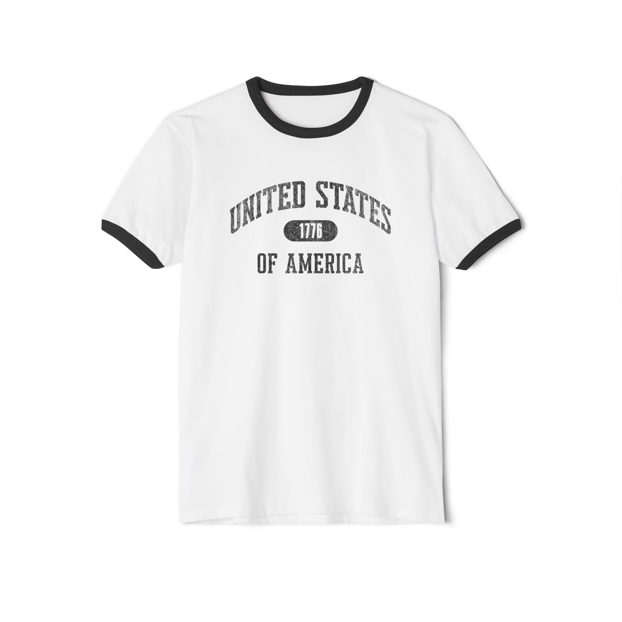 United States of America 1776 Vintage Collegiate Ringer Tee – Black Graphic – Neutrals with Black Trim