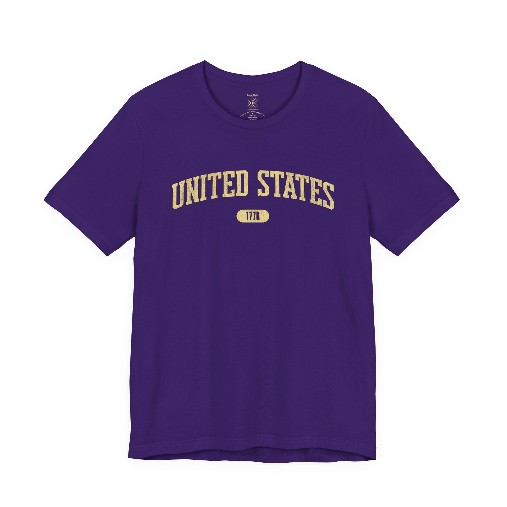 Team Purple t-shirt with 'UNITED STATES 1776' in yellow collegiate text.