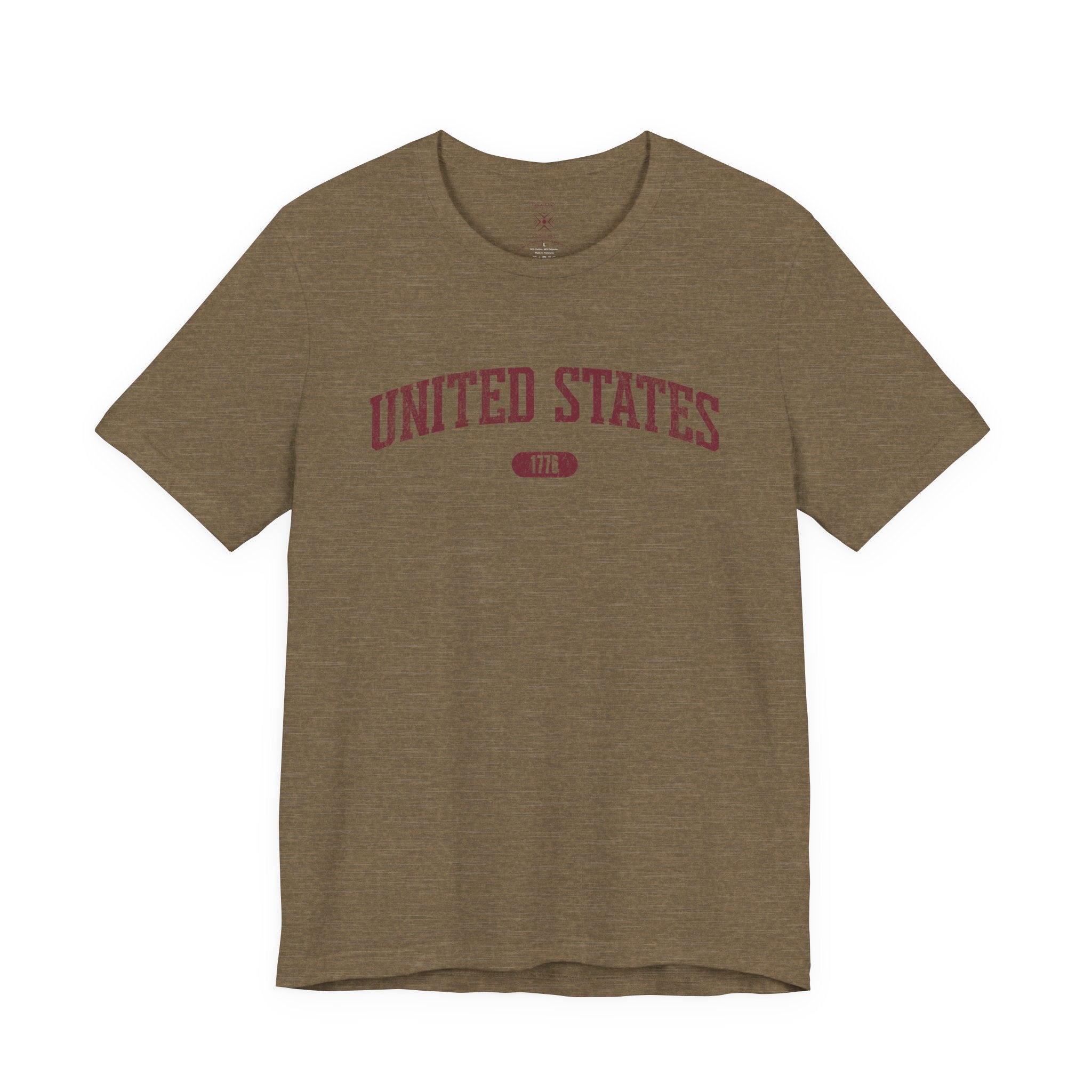 Heather Olive t-shirt with 'UNITED STATES 1776' in burgundy collegiate text.