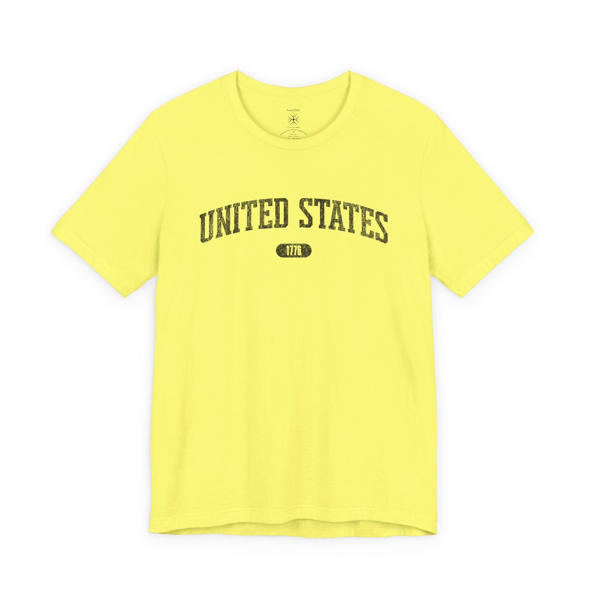 Yellow t-shirt with 'UNITED STATES 1776' black collegiate text.