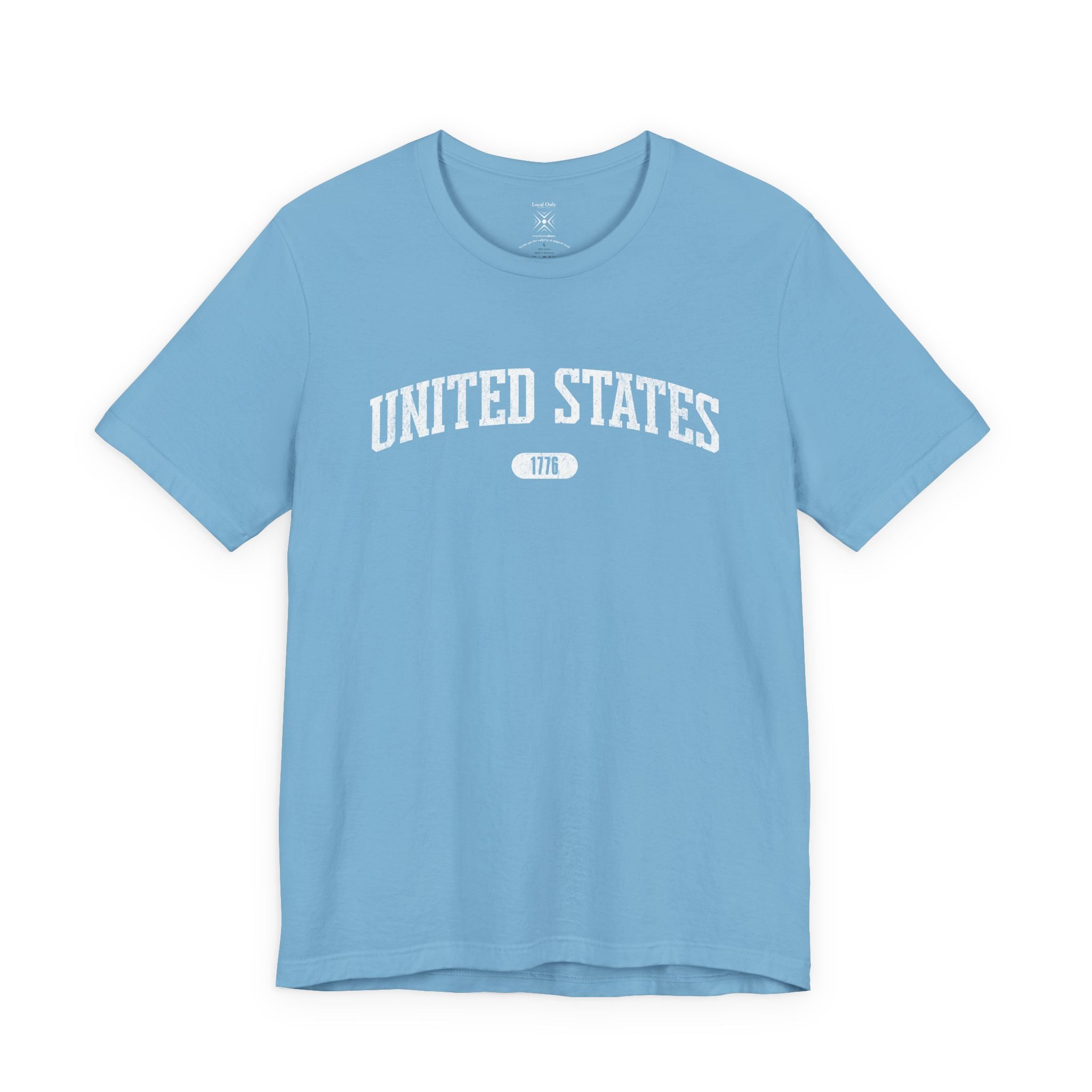 Ocean Blue t-shirt with 'UNITED STATES 1776' white collegiate text.
