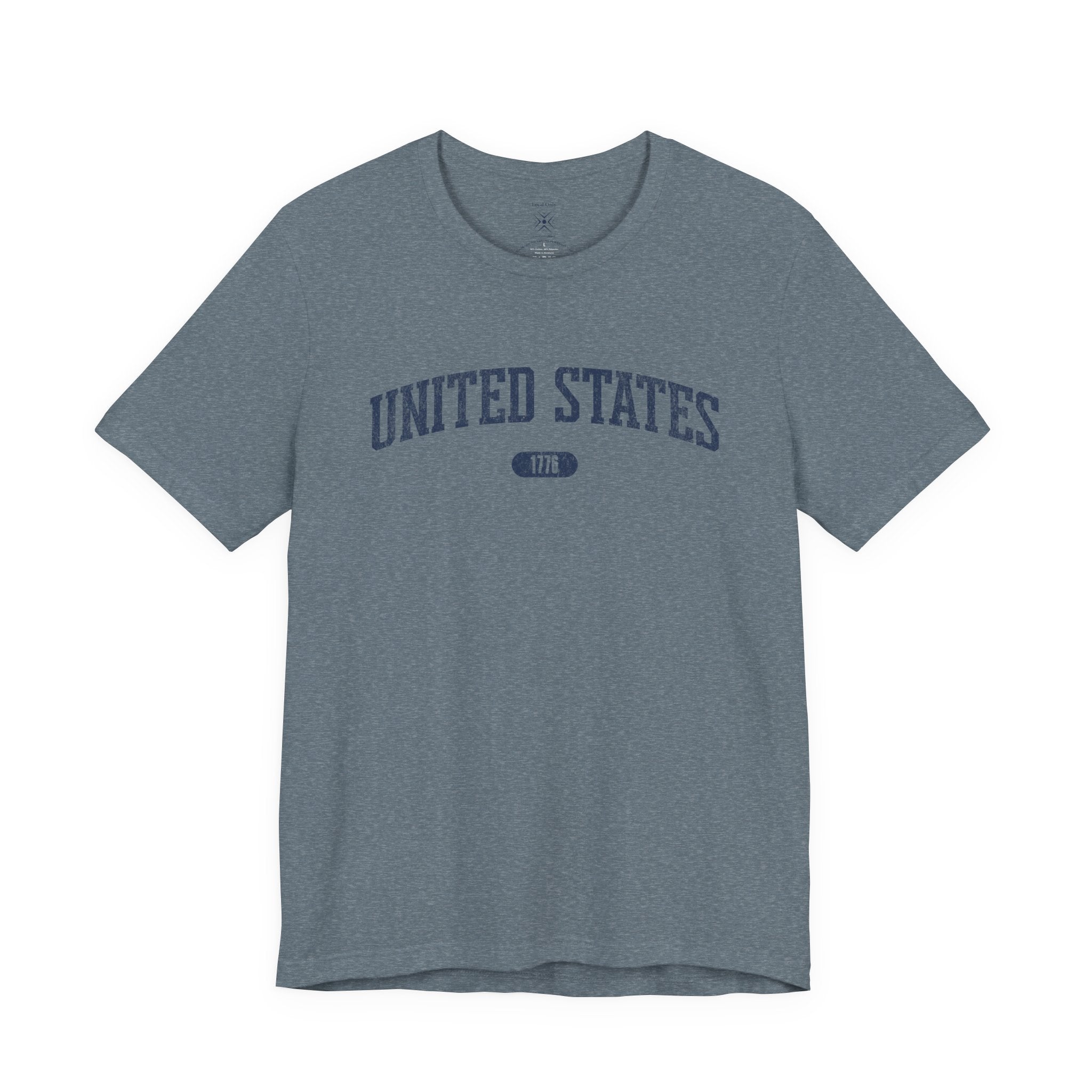 Heather Slate t-shirt with 'UNITED STATES 1776' in navy collegiate text.