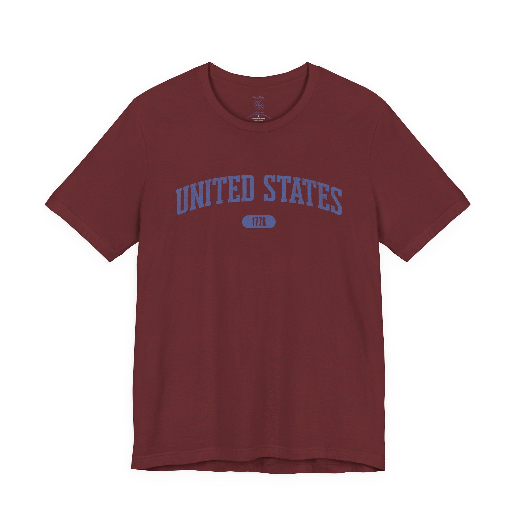 Heather Cardinal t-shirt with 'UNITED STATES 1776' in blue collegiate text.
