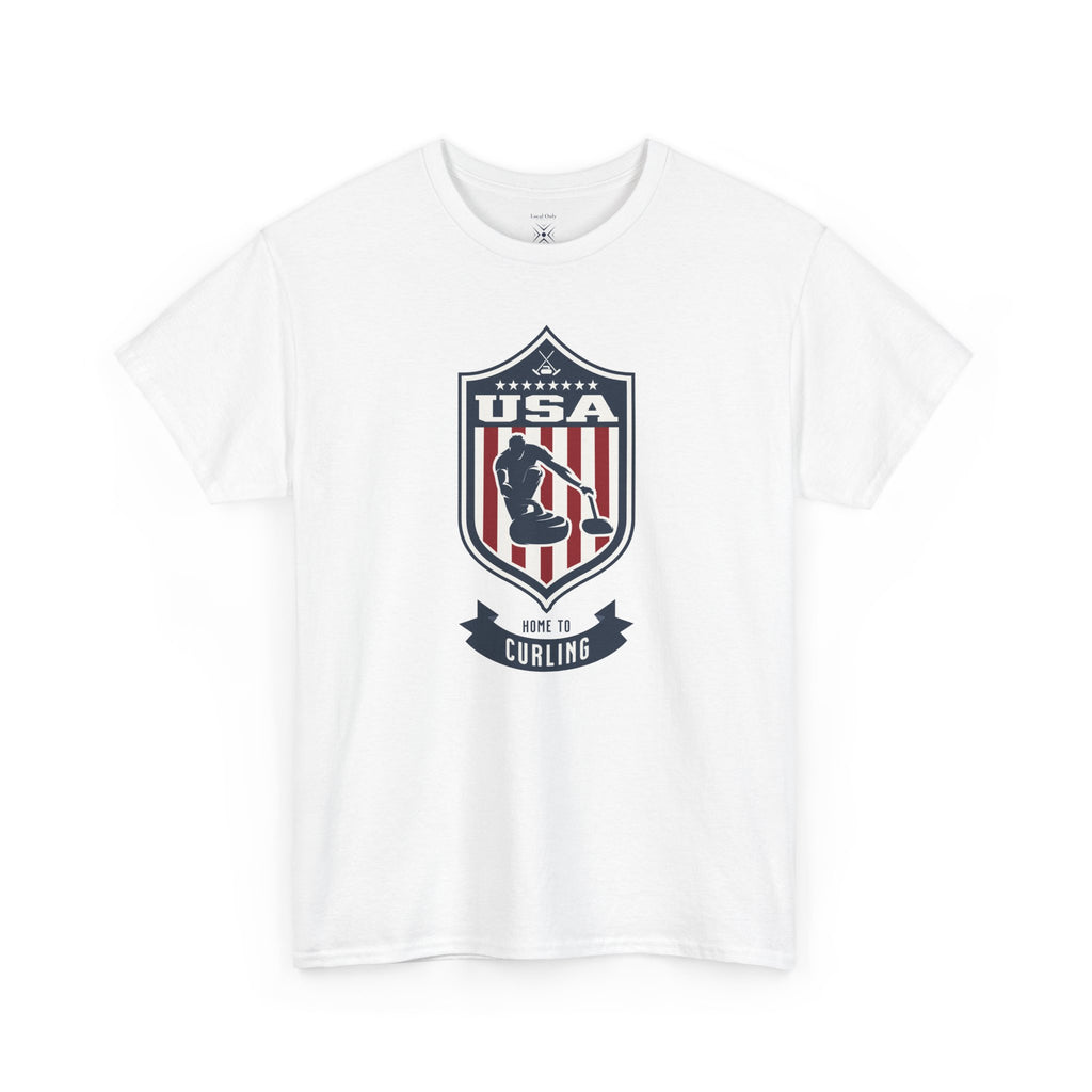 USA Home To Curling Vintage Athletic T-Shirt – Navy Red White Crest Graphic