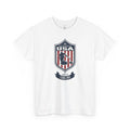 USA Home To Curling Vintage Athletic T-Shirt – Navy Red White Crest Graphic