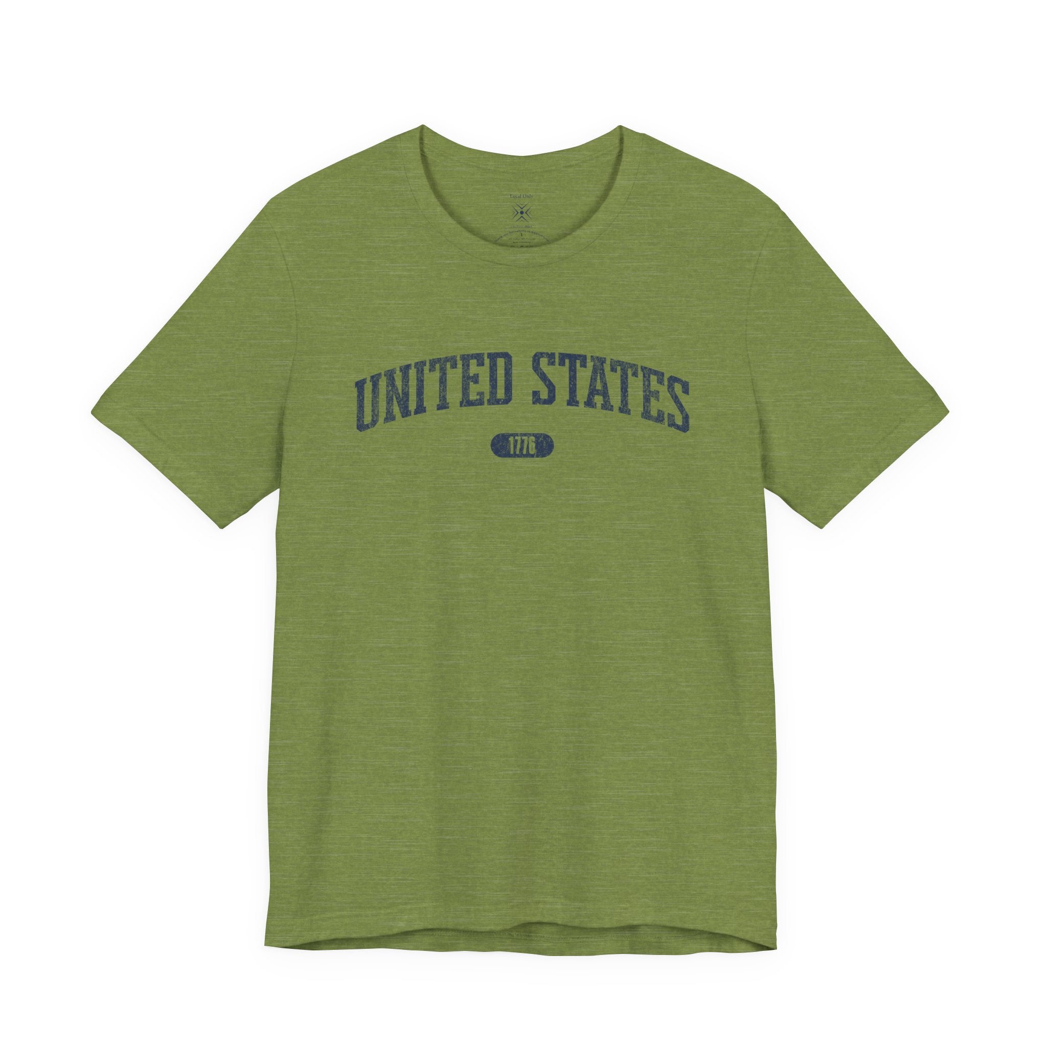 Heather Green t-shirt with 'UNITED STATES 1776' in navy collegiate text.