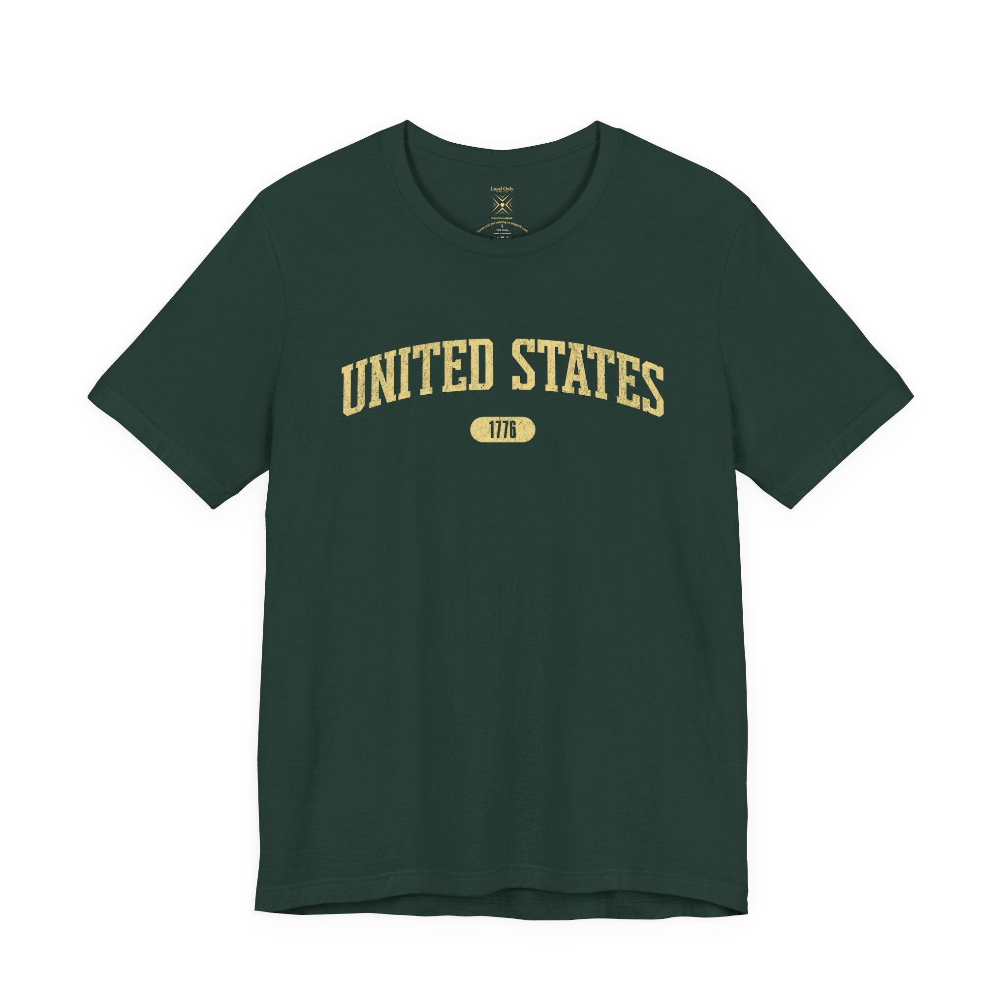 Forest t-shirt with 'UNITED STATES 1776' in yellow collegiate text.